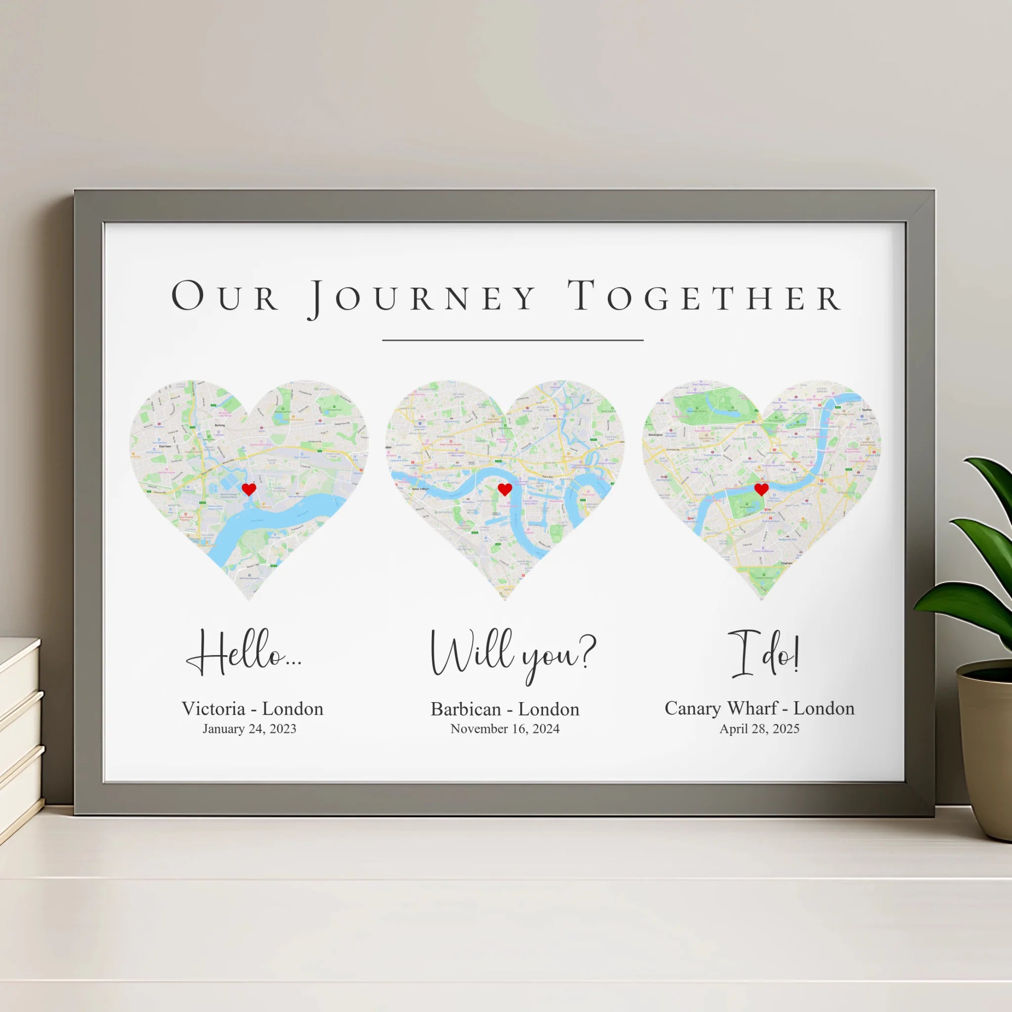 Framed personalised map print in grey frame with three location maps