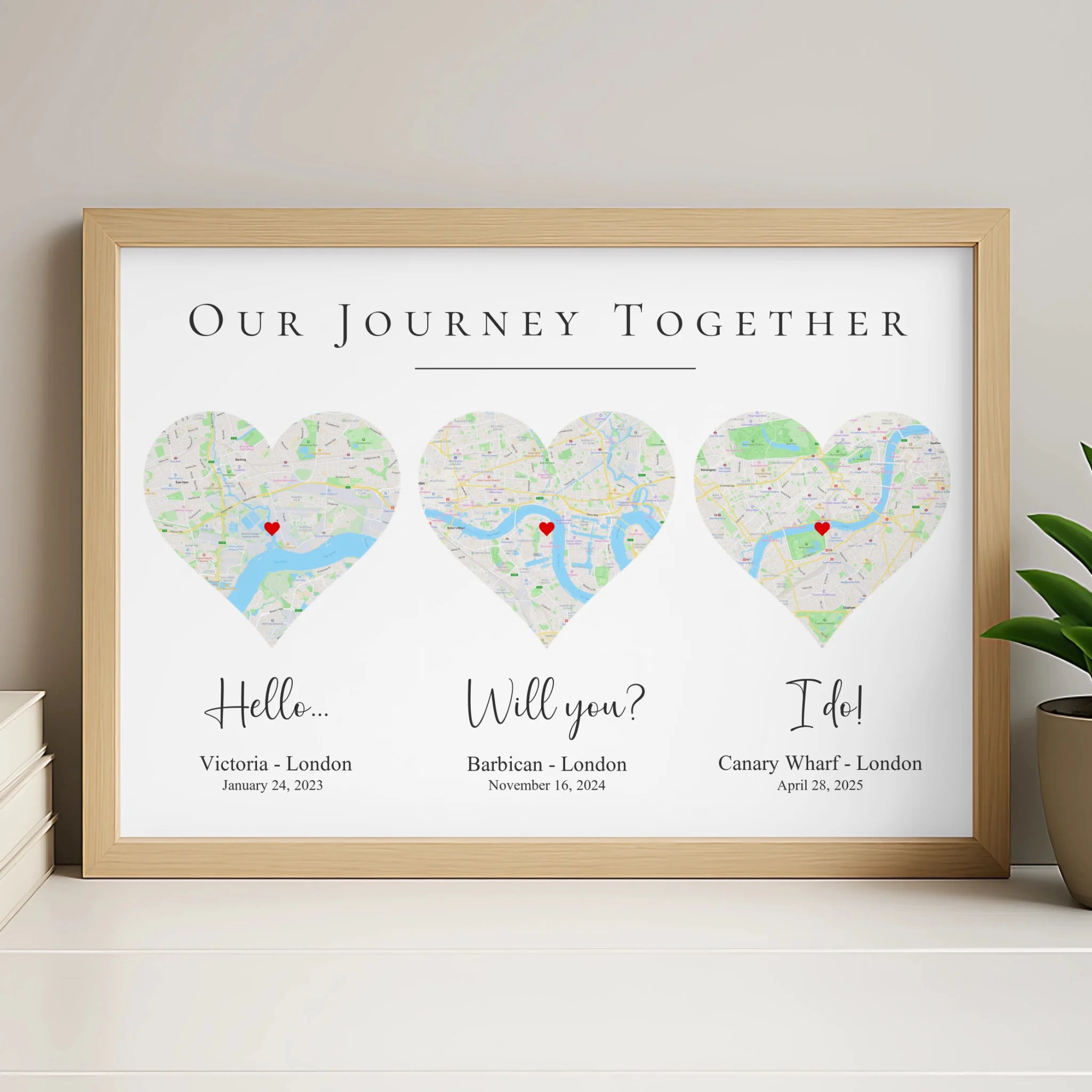 Our Story personalised map print in white frame showing custom coordinates