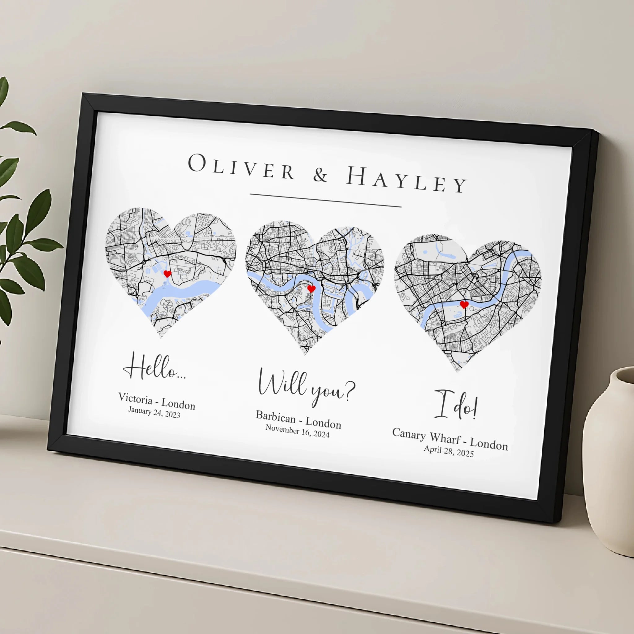Custom couple heart map print with names and dates, wedding anniversary gift