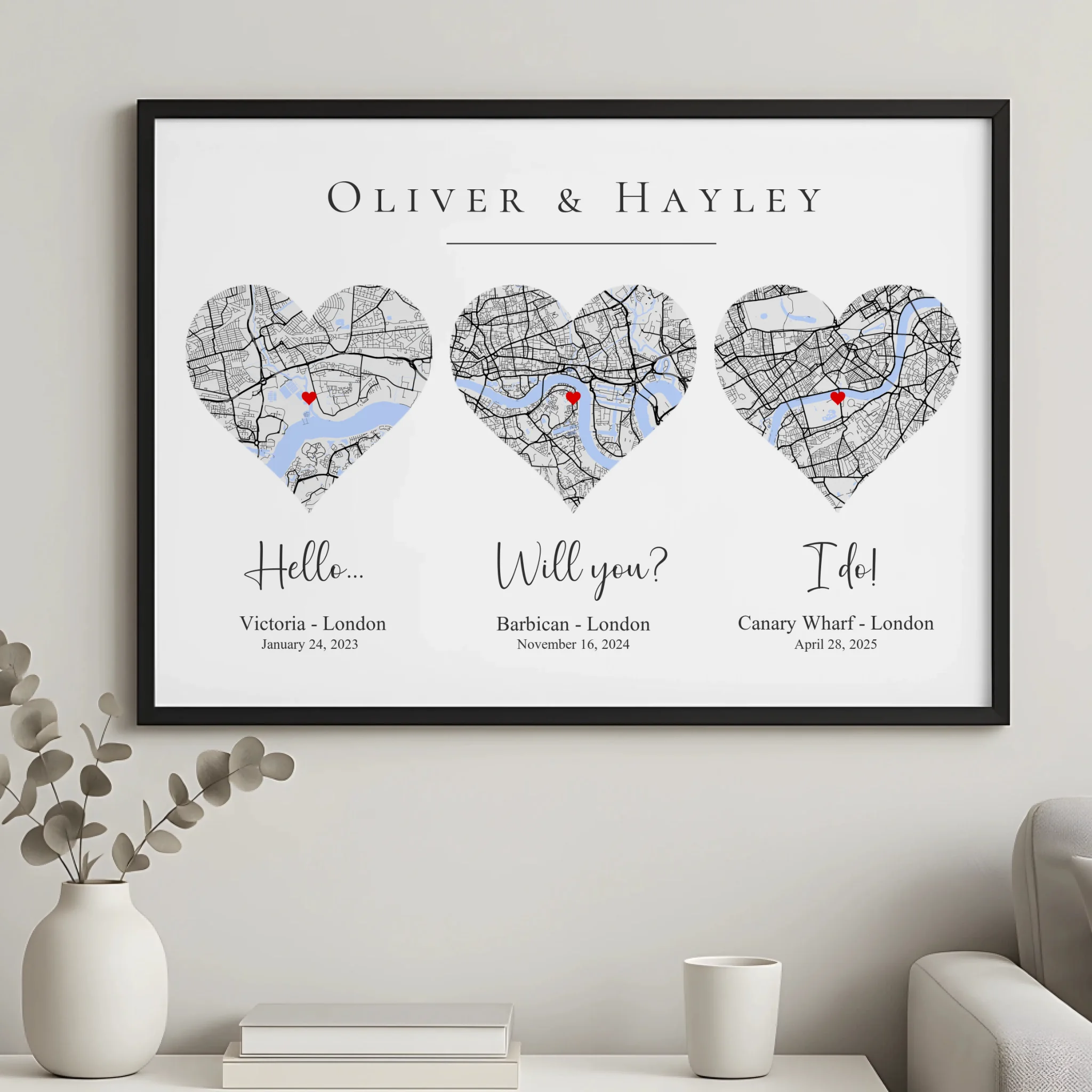 Custom heart map print in frame, proposal or wedding timeline wall art