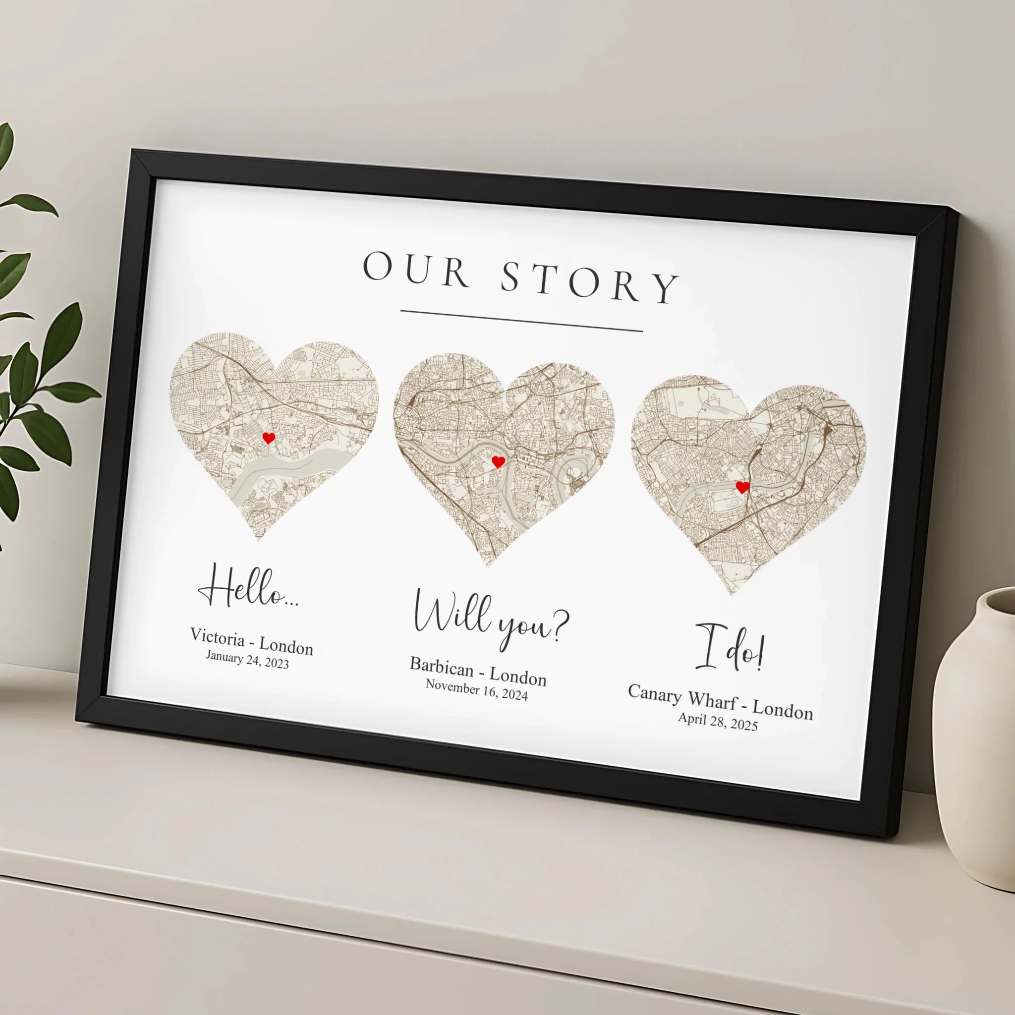 Personalised wedding gift print with three maps showing where a couple met, got engaged and married