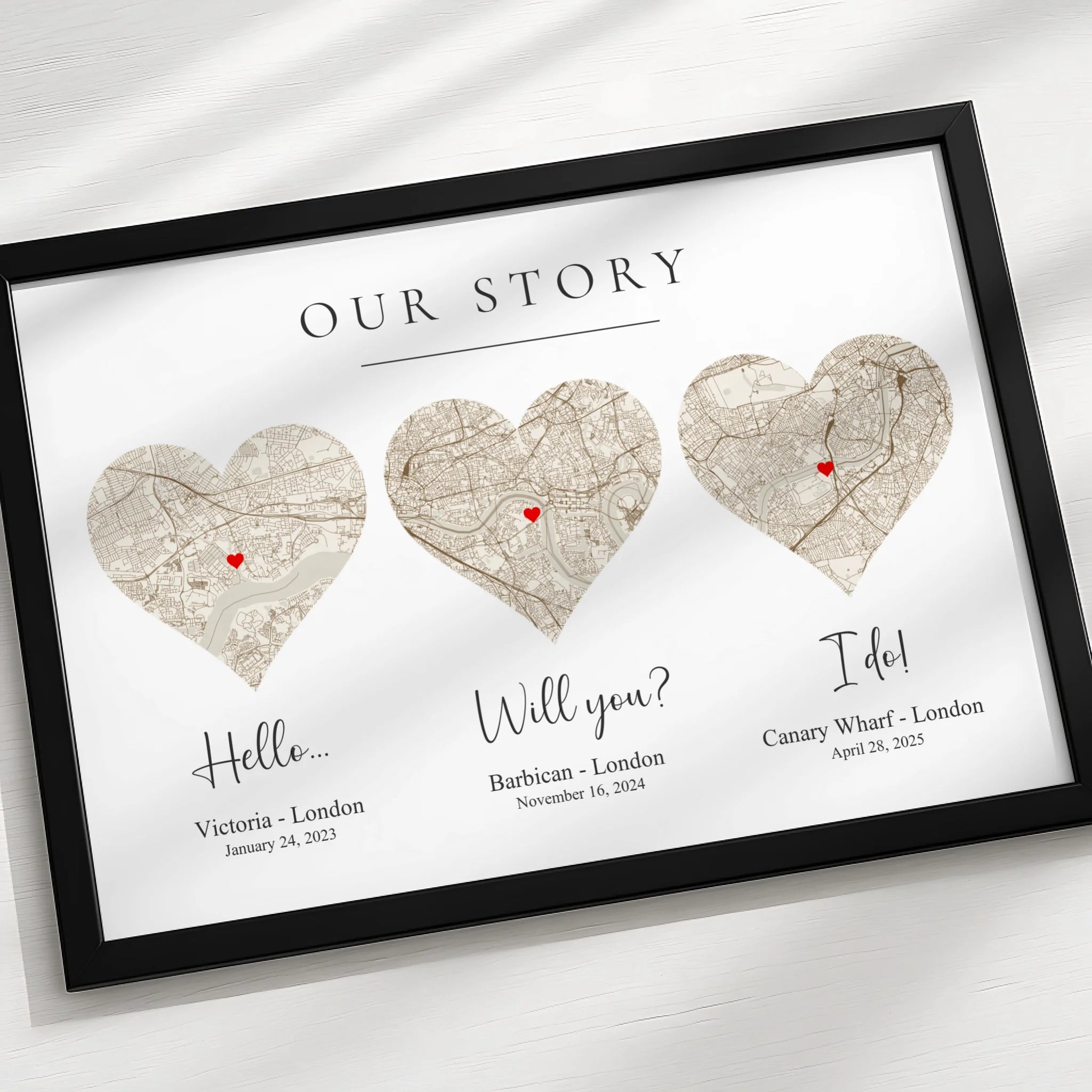 Our Love Story personalised map print showing coordinate details and timeline of relationship milestones