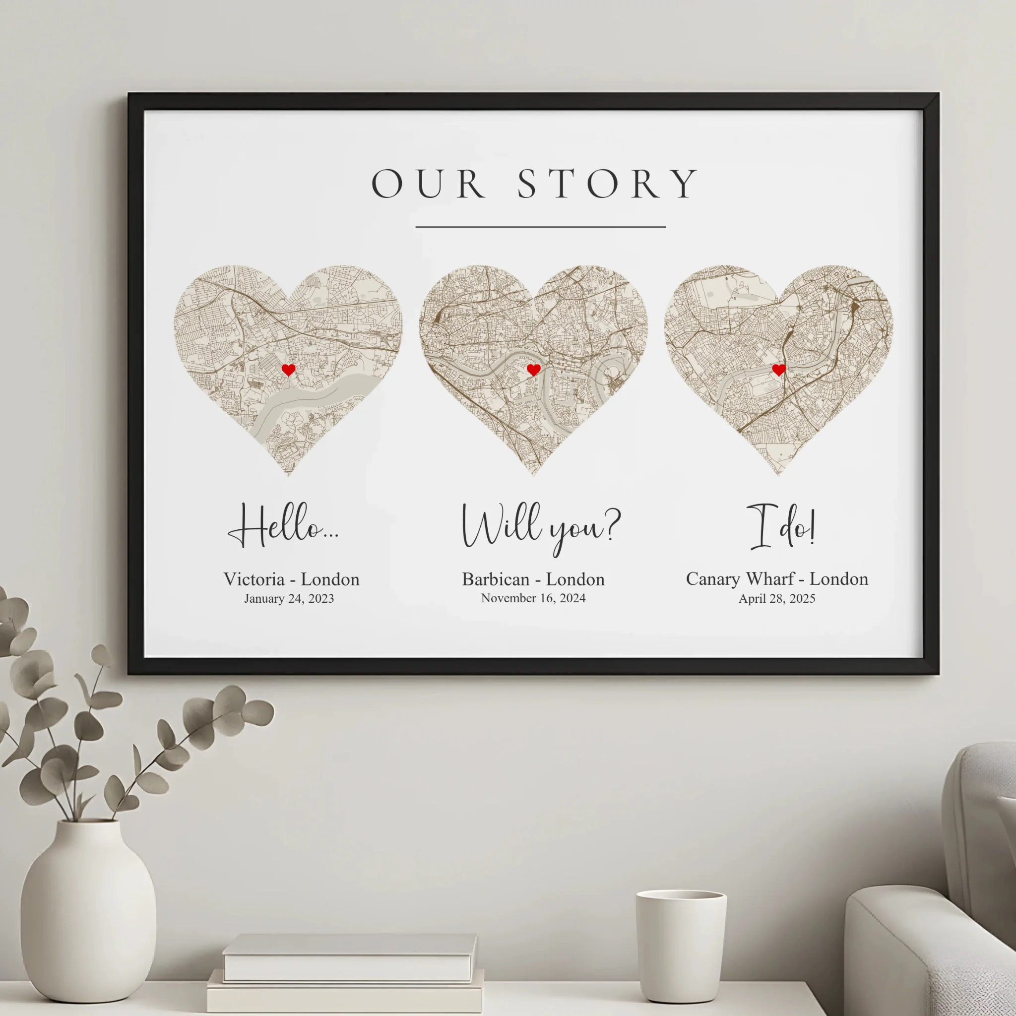 Personalised photo frame gift for weddings and engagements featuring three custom map locations