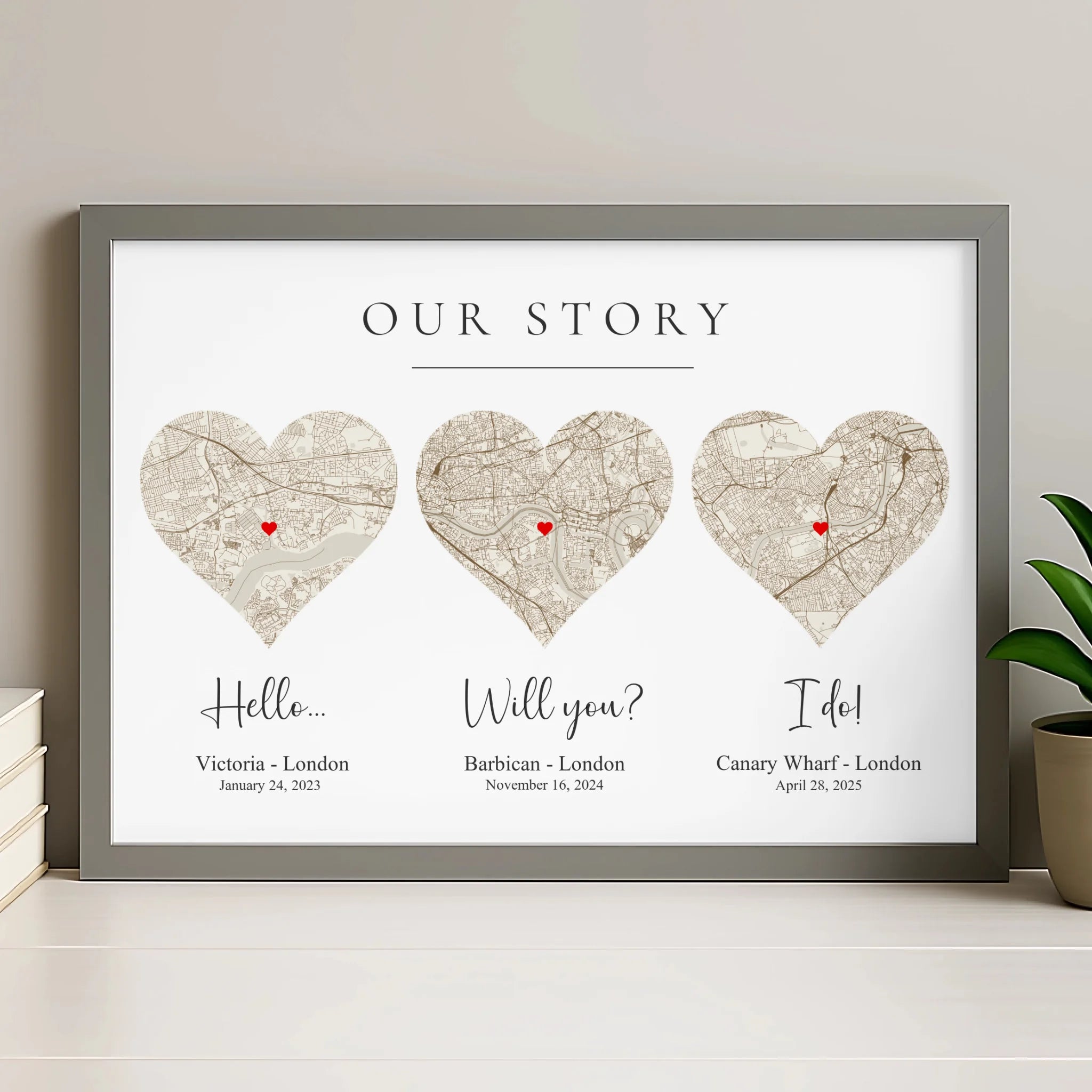Our Love Story map print in grey frame showing three personalised location maps and dates