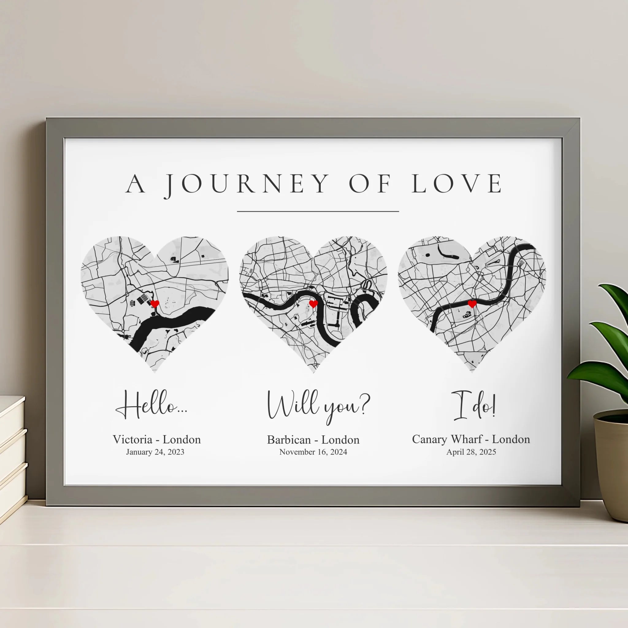 Personalised map print in a grey frame with heart overlay and custom coordinates