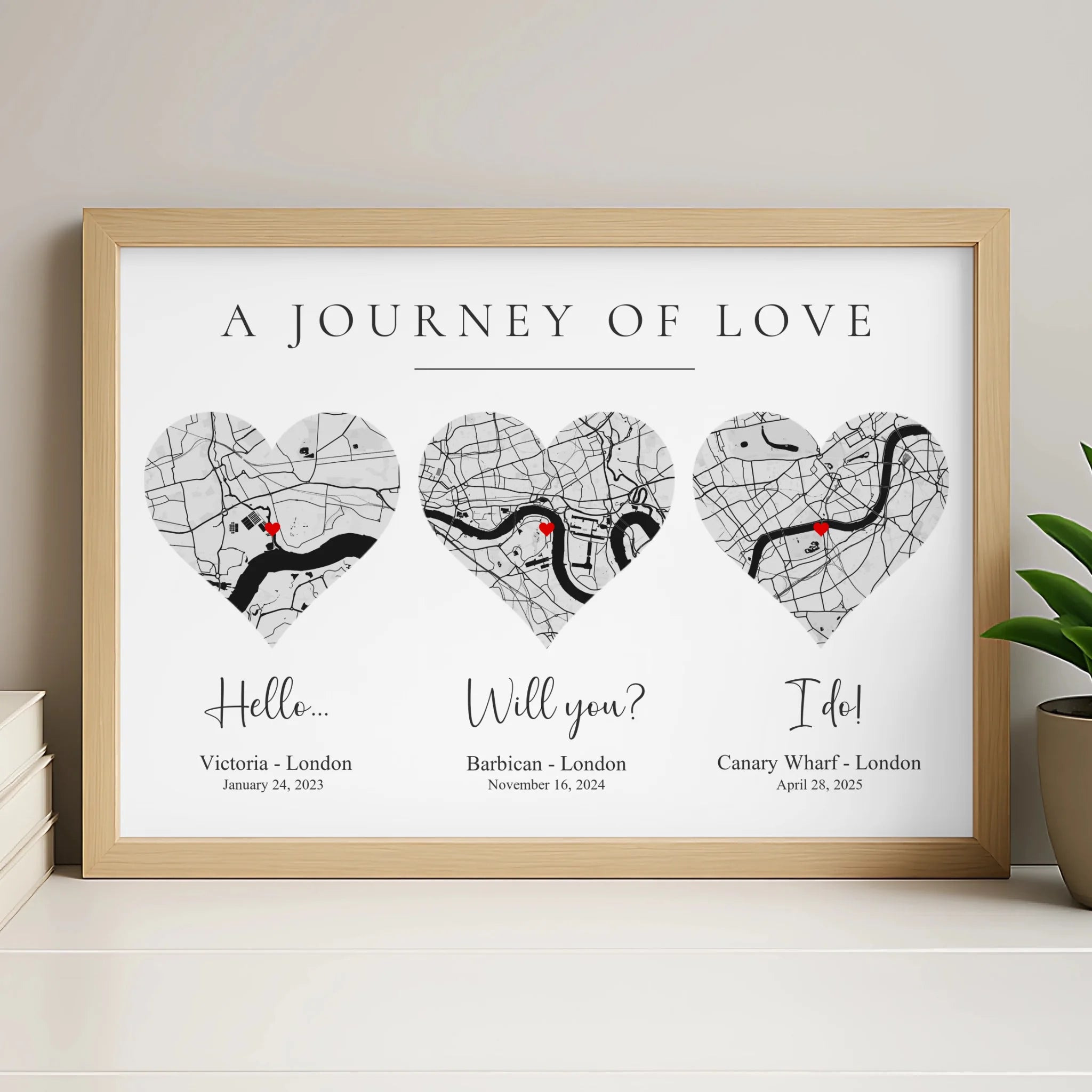 Personalised couple map print in a white frame with dates and location text
