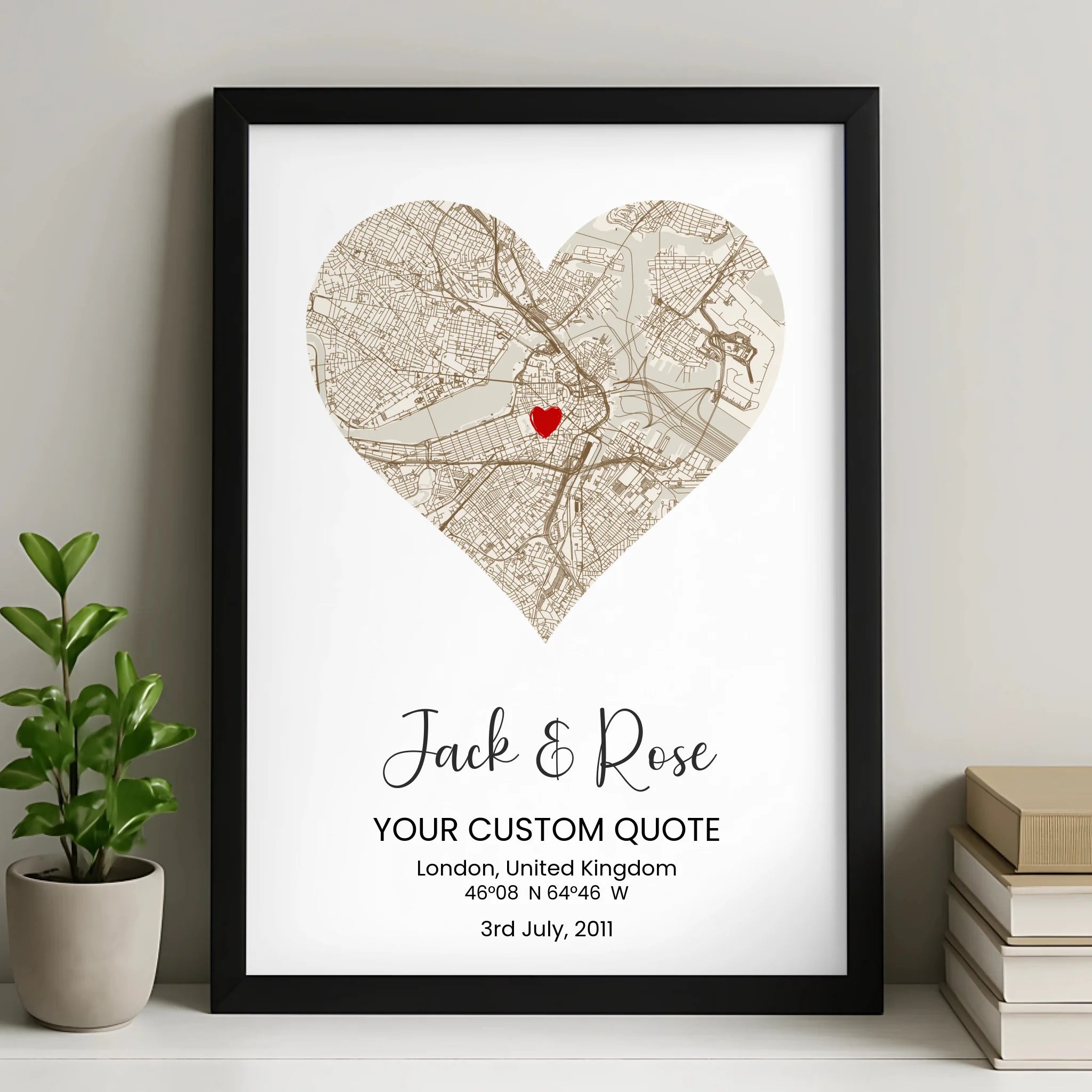 Vintage Heart Map Print – Personalised Couple Artwork, Engagement, Wedding, Anniversary Gift Keepsake