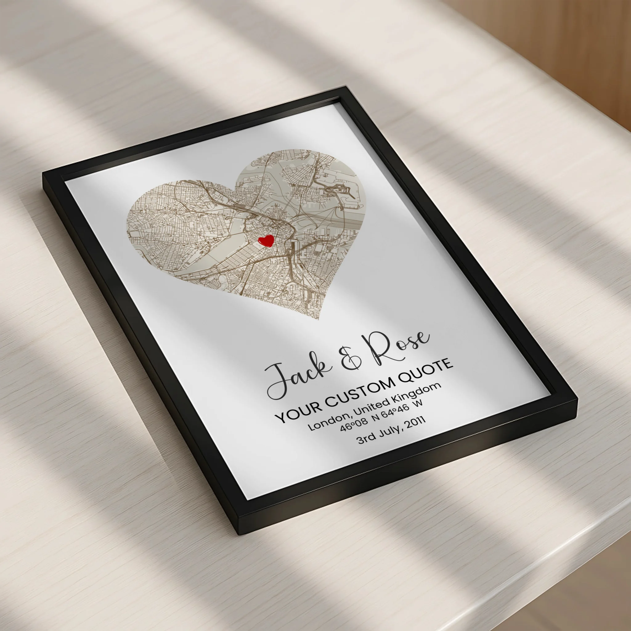 Custom photo slate with heart map design for anniversaries