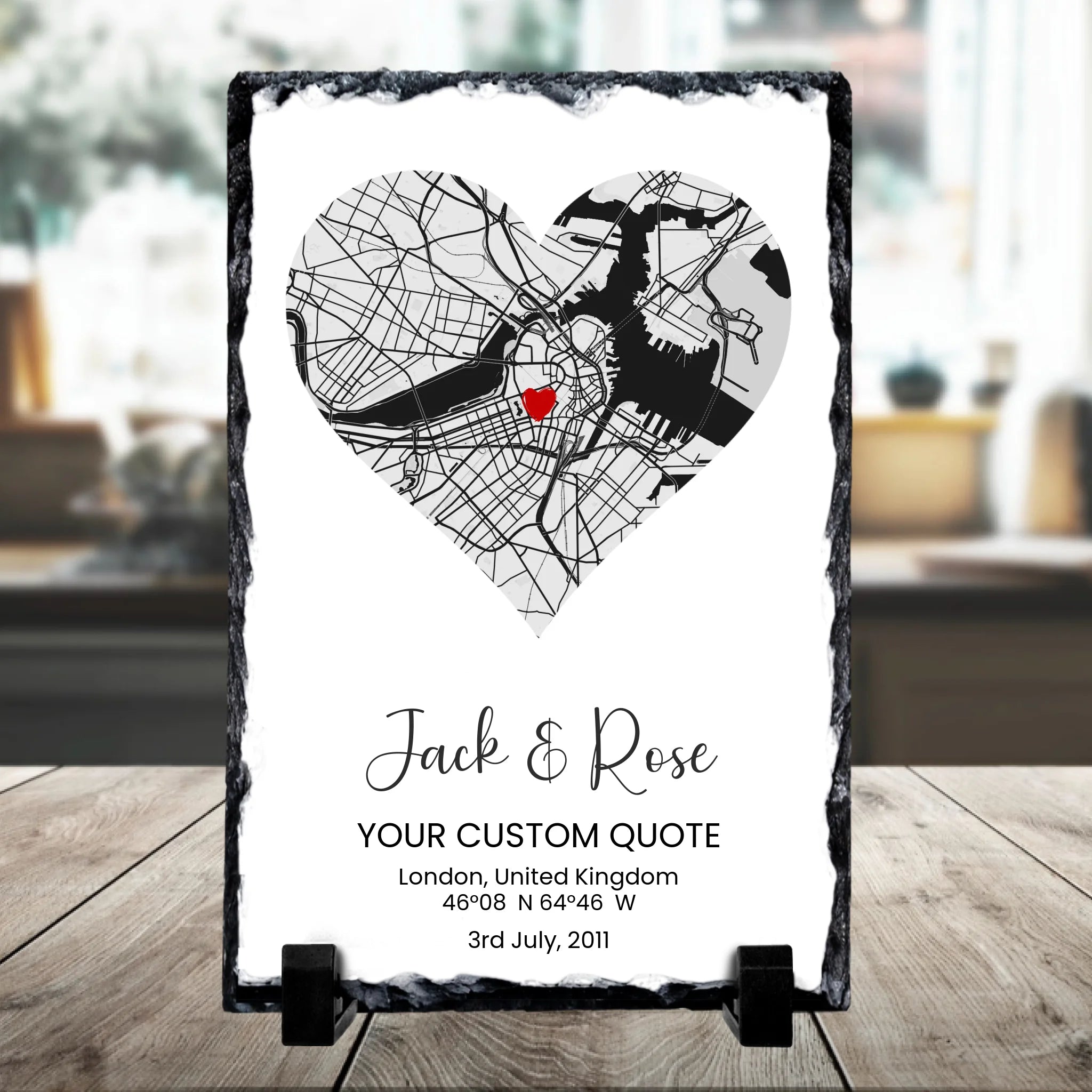 Personalised photo slate with heart map and coordinates, close-up detail view