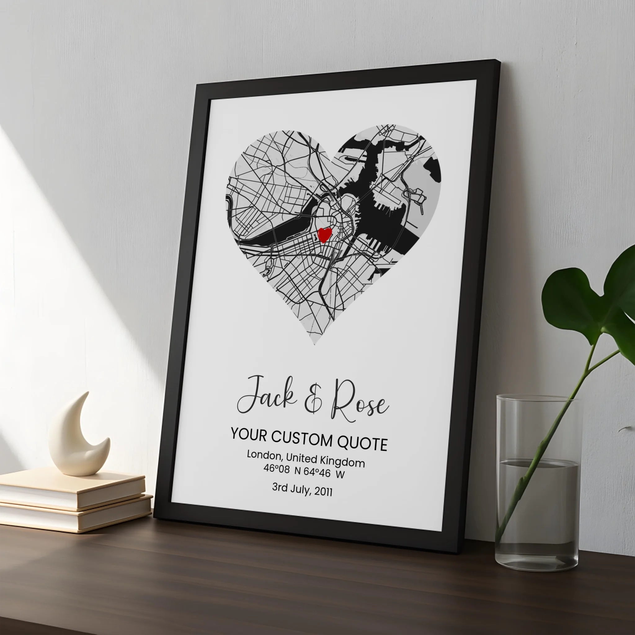 Custom heart map couple gift print shown in a white frame hanging on a wall