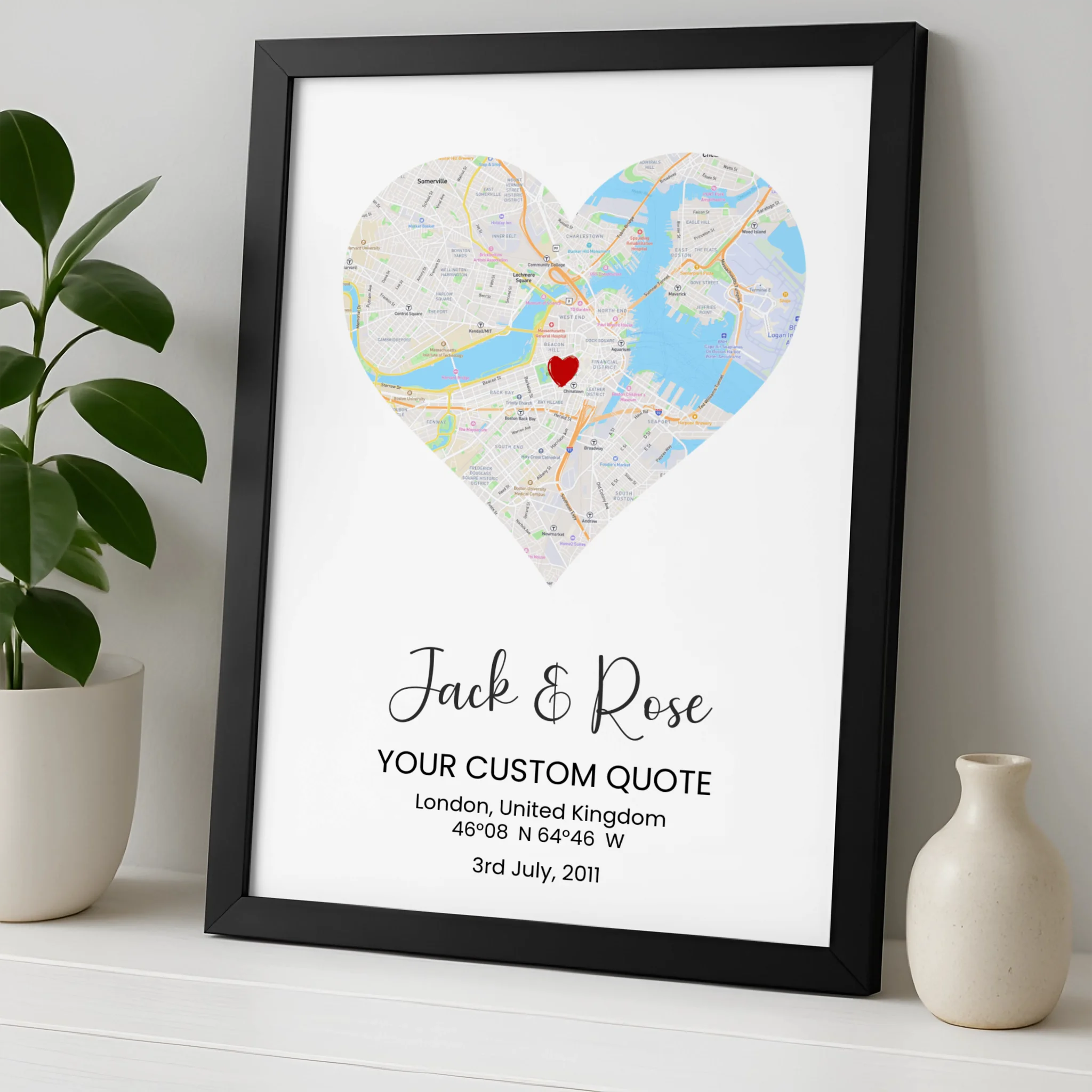 Custom Heart Street Map Print – Personalised Couple Gift, Engagement, Wedding or Anniversary Wall Art, Coordinates & Quote Option