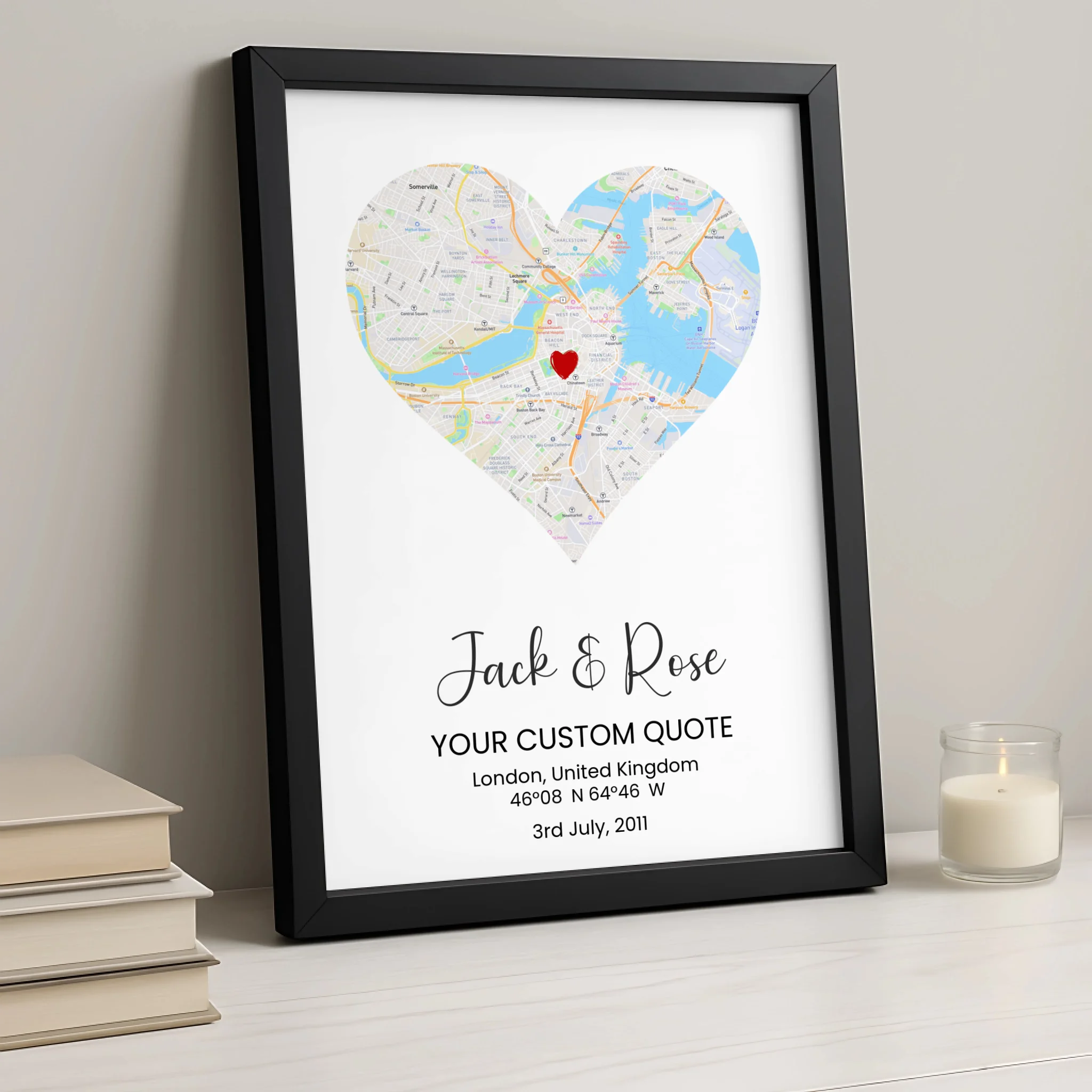 Heart-shaped map print with custom quote, shown in a frame as a couple gift