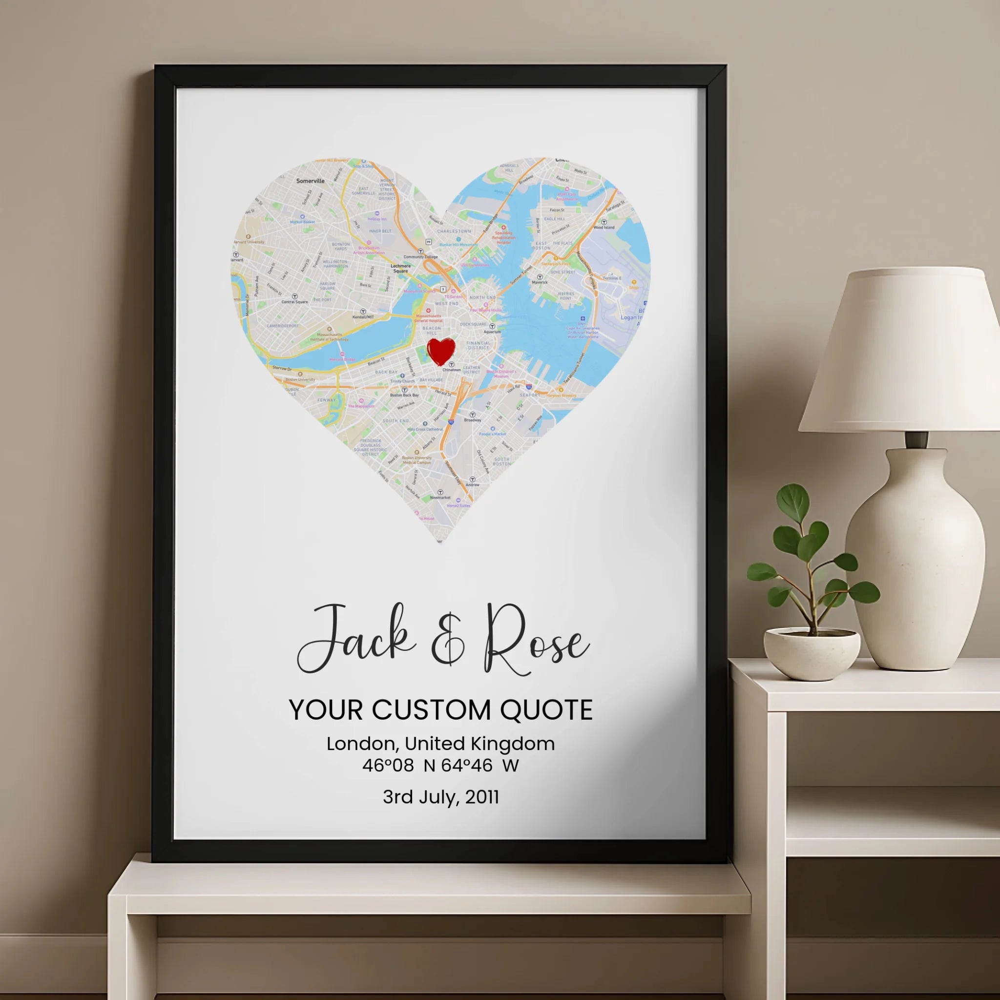 Personalised heart map print shown in a black frame