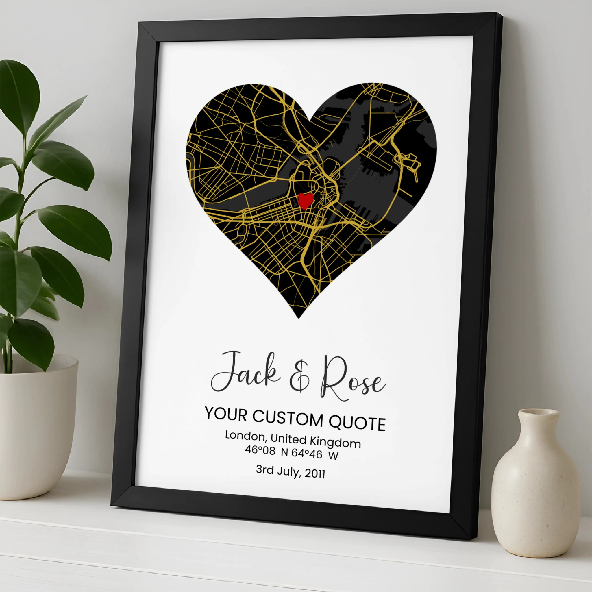 Custom Heart Map Print Frame – Personalised Couple Artwork, Engagement, Wedding, Anniversary Gift Keepsake
