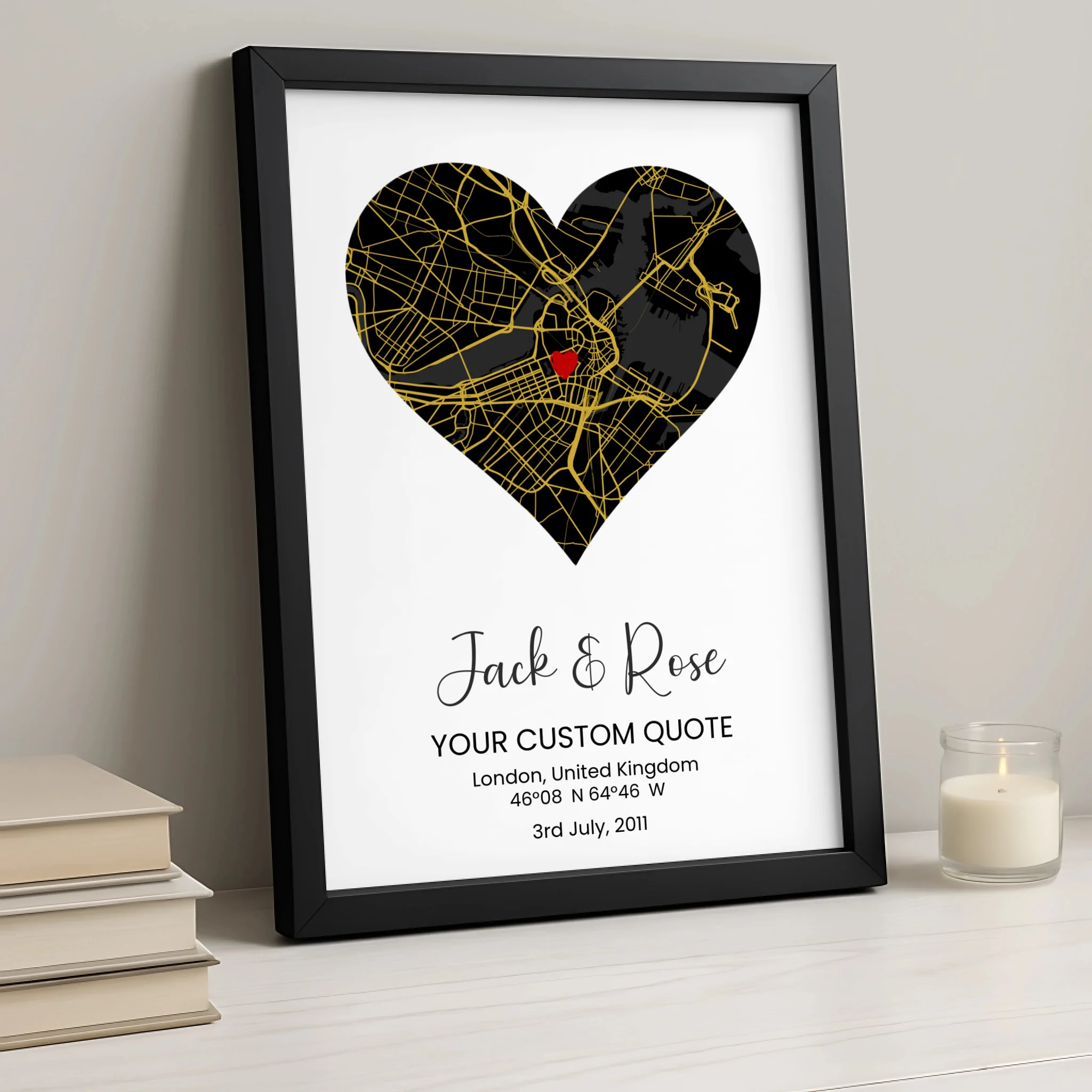 Custom heart map print in a photo frame for a wedding or anniversary gift