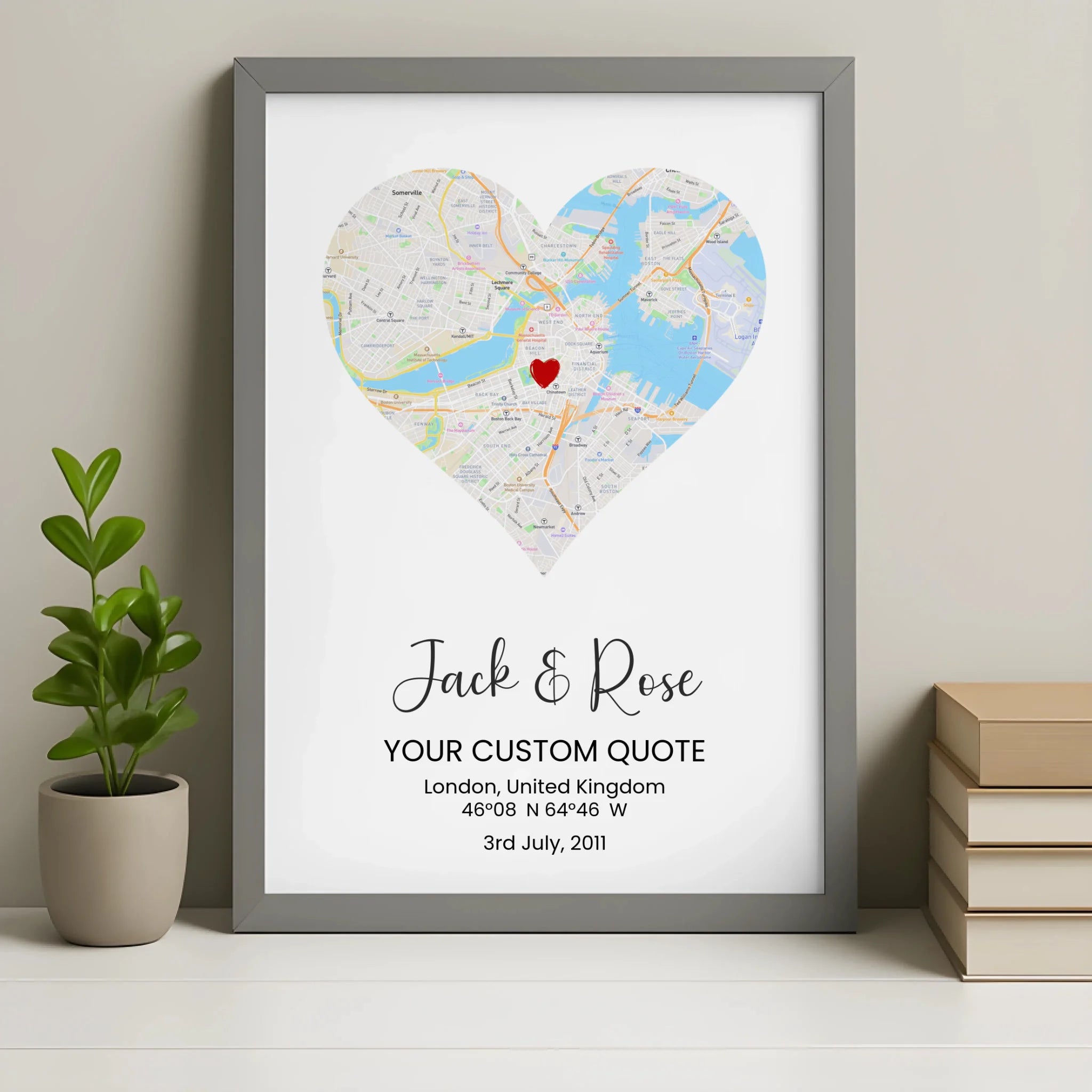 Custom heart street map print in a grey frame