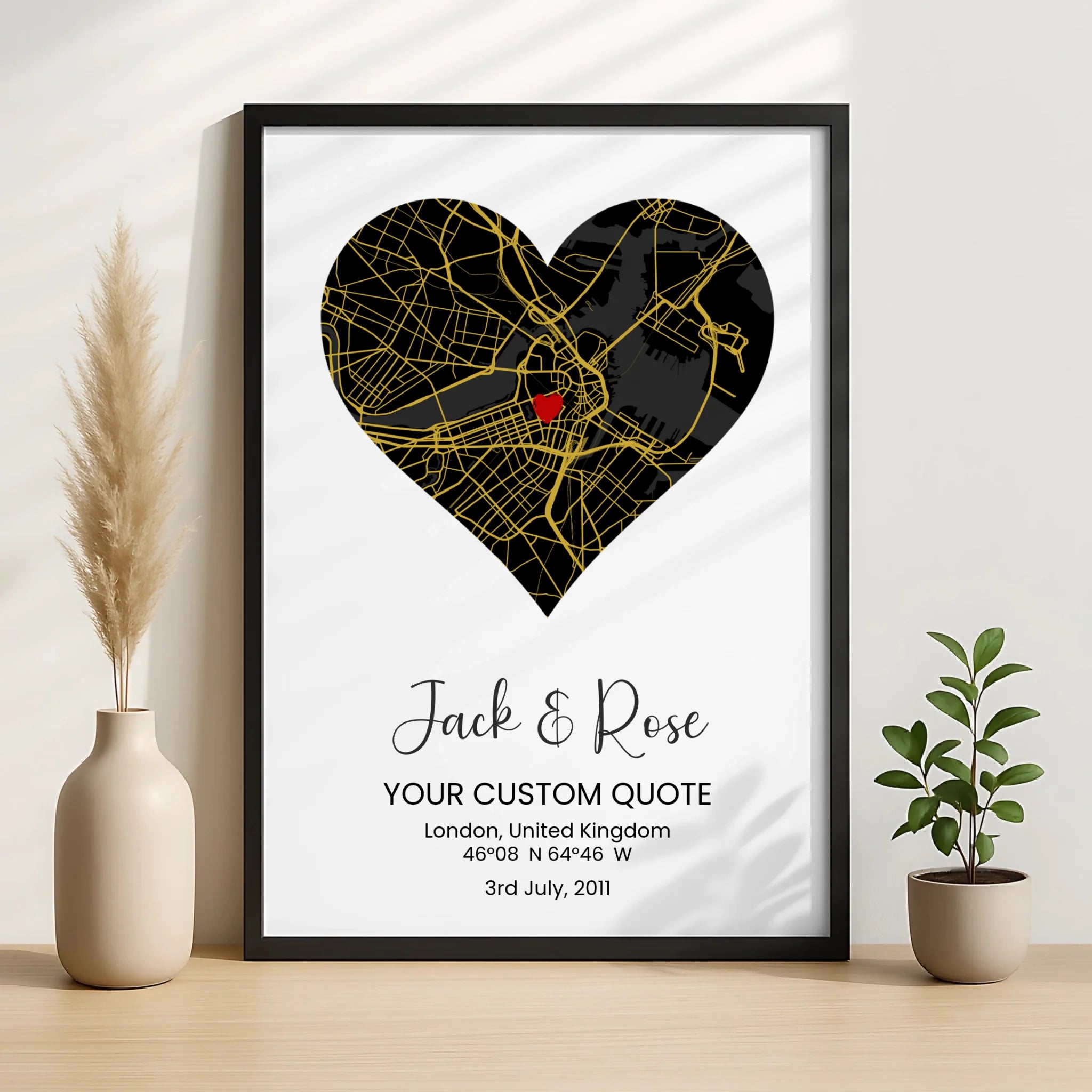 Close-up of a personalised heart map frame showing custom location detail