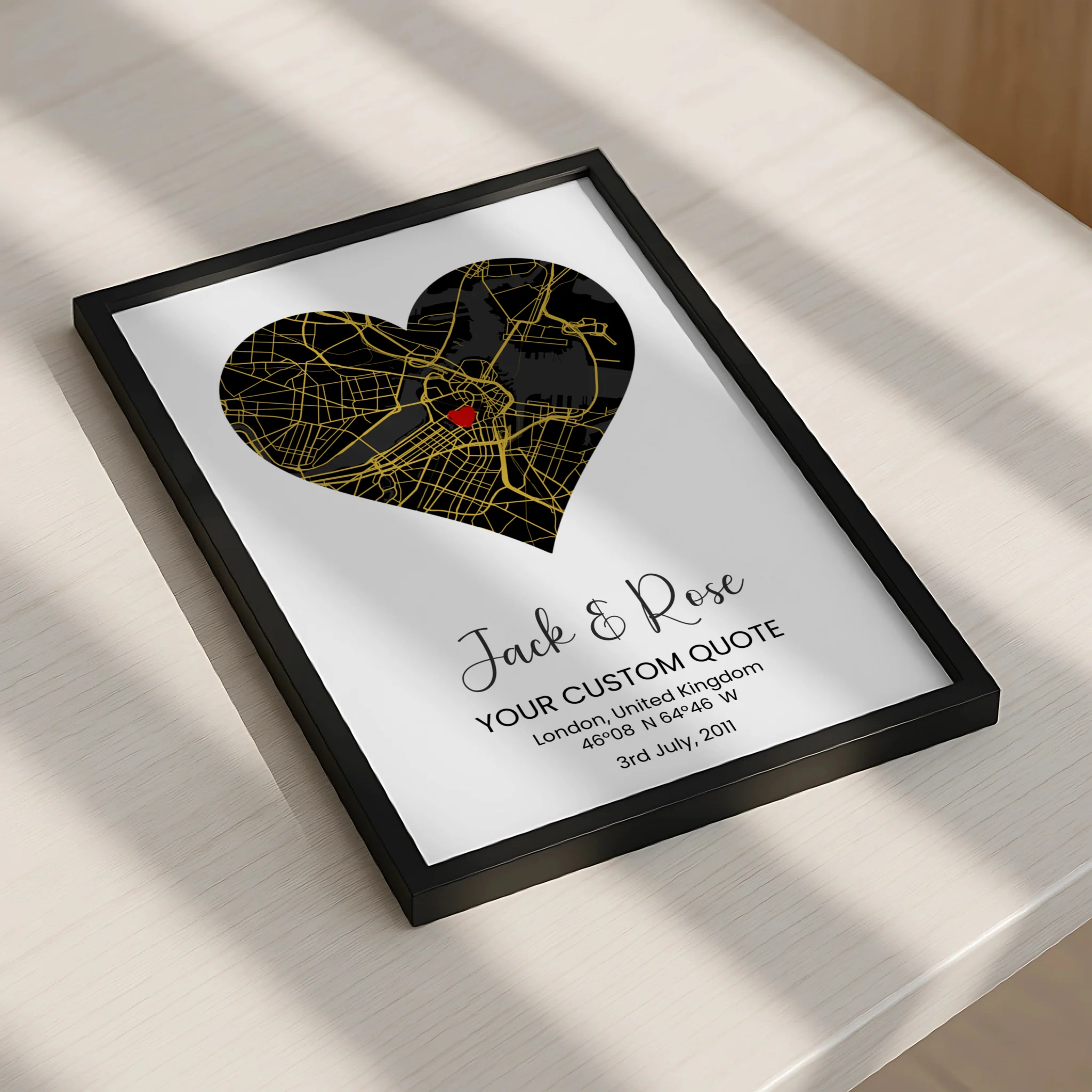 Heart map print frame as an engagement gift keepsake