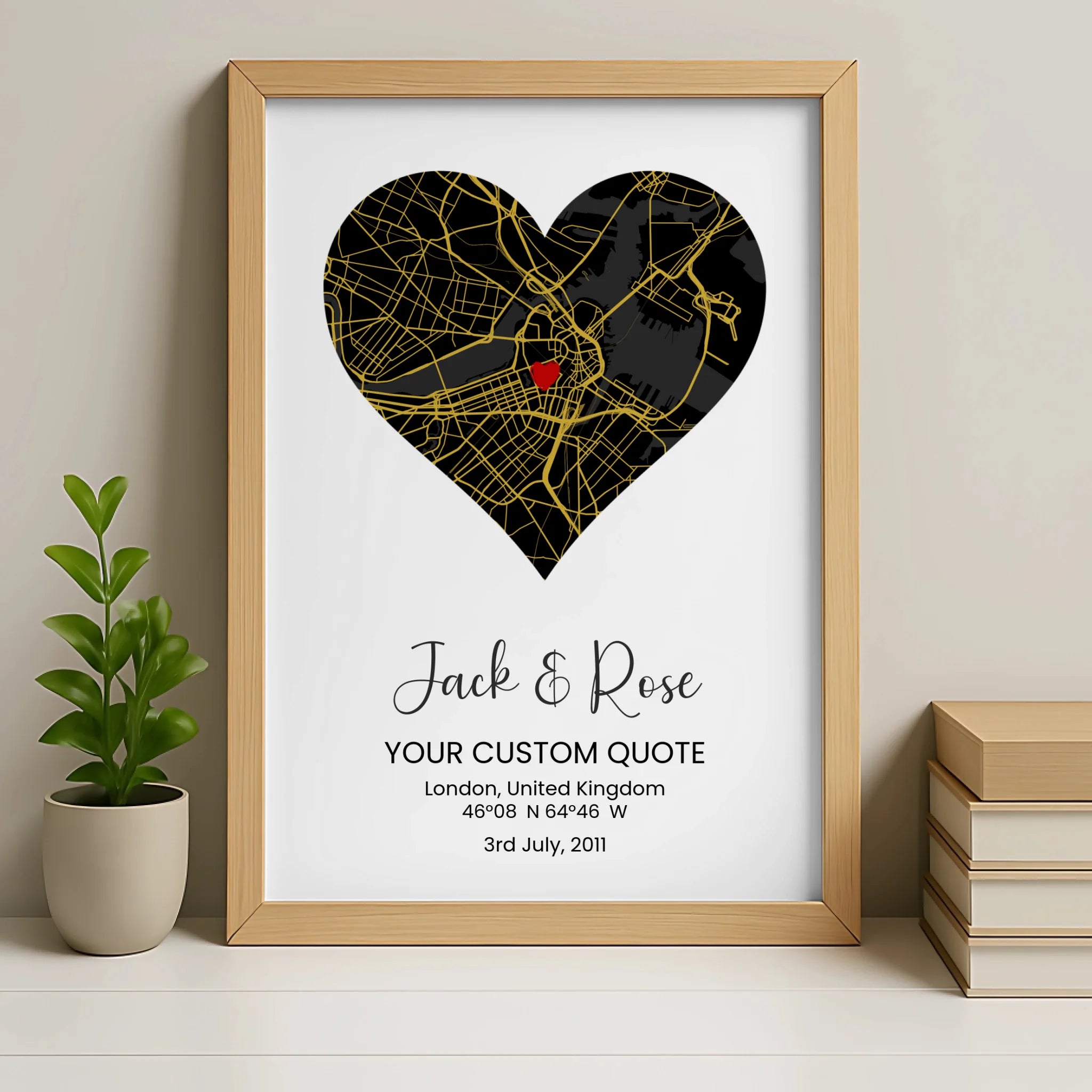 Personalised heart map photo frame in oak finish