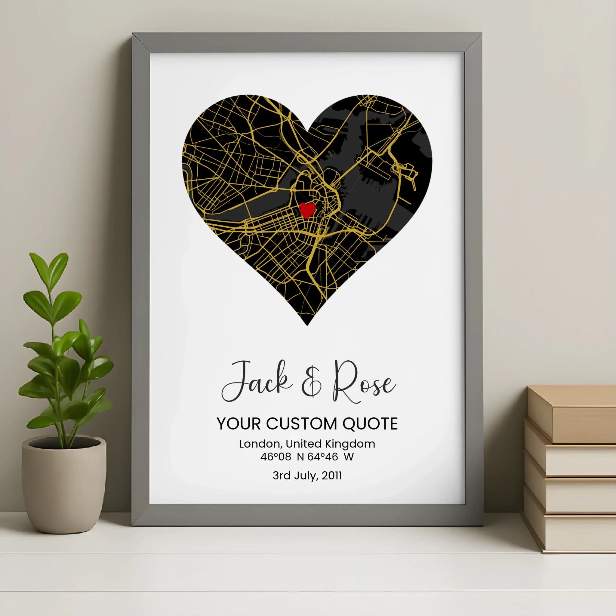 Personalised heart map photo frame in grey finish
