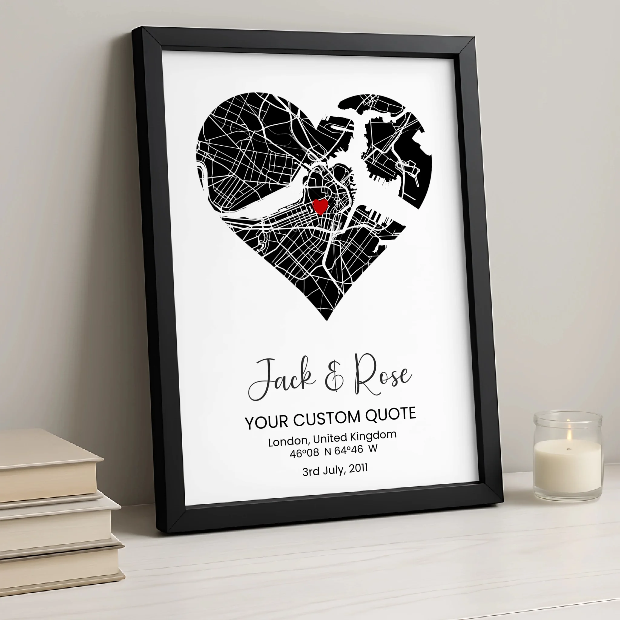 Black and white heart map poster personalised with a couple's location