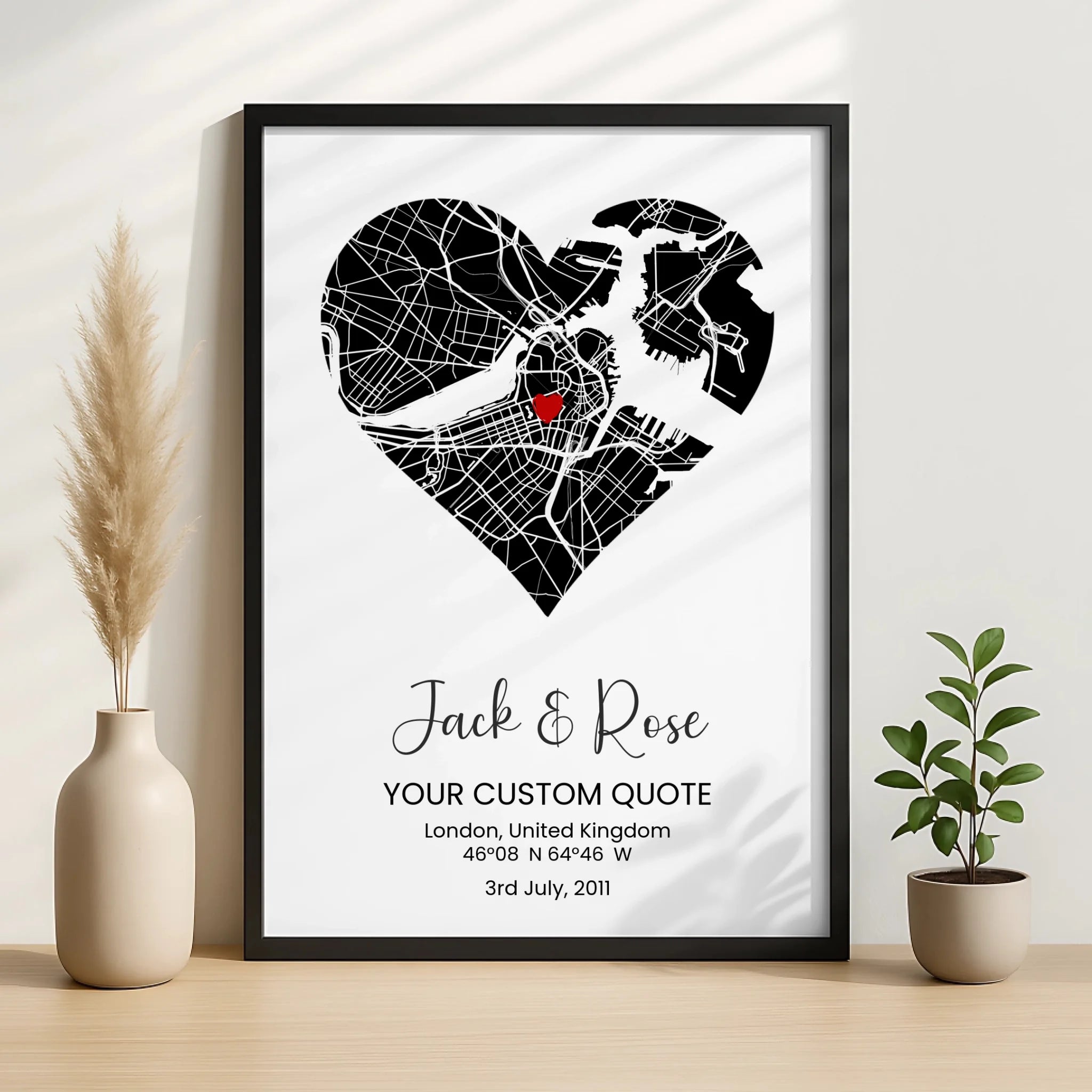 Personalised heart map poster displayed in a photo frame as a wedding or engagement gift