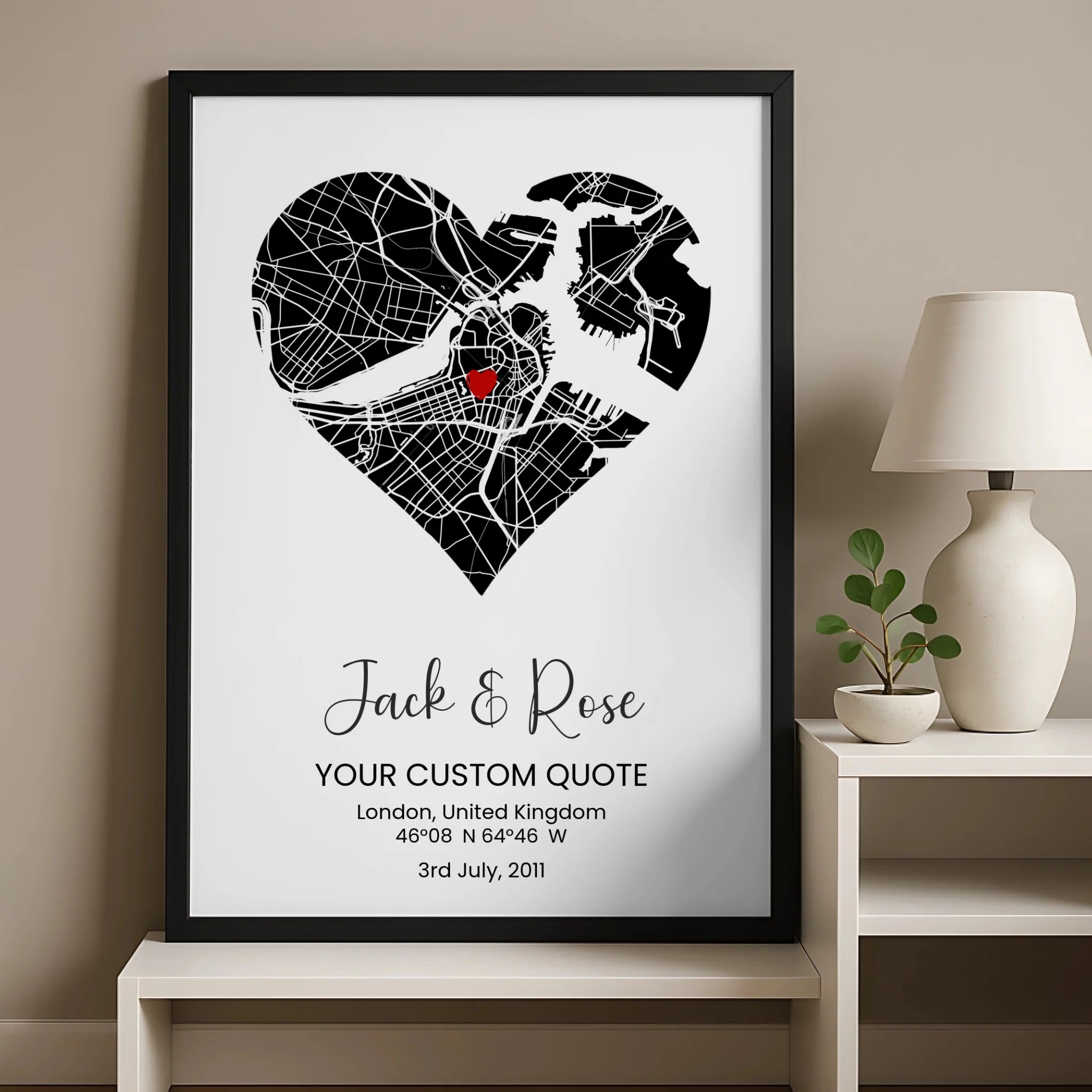 Personalised map poster printed with a specific location for couples