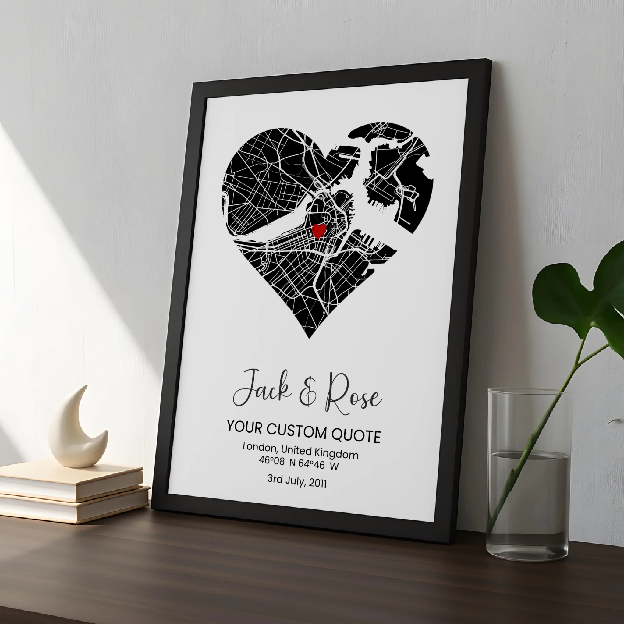 Framed black and white heart map print as a personalised gift