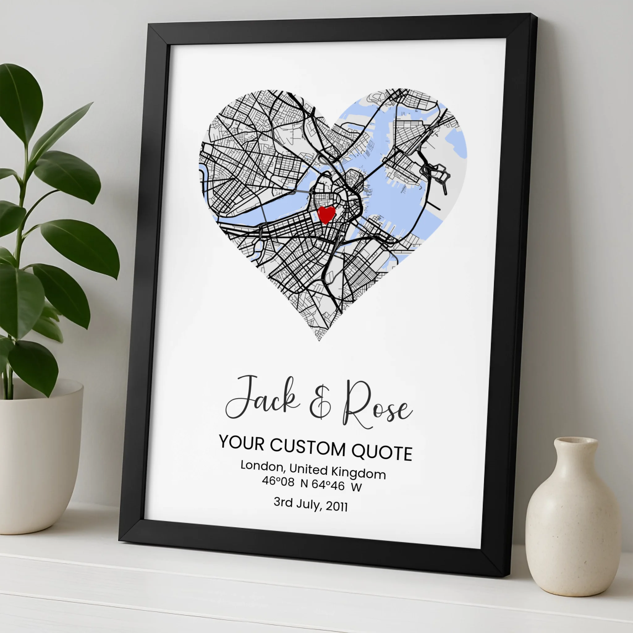 Personalised heart map wall art in a photo frame with optional quote text