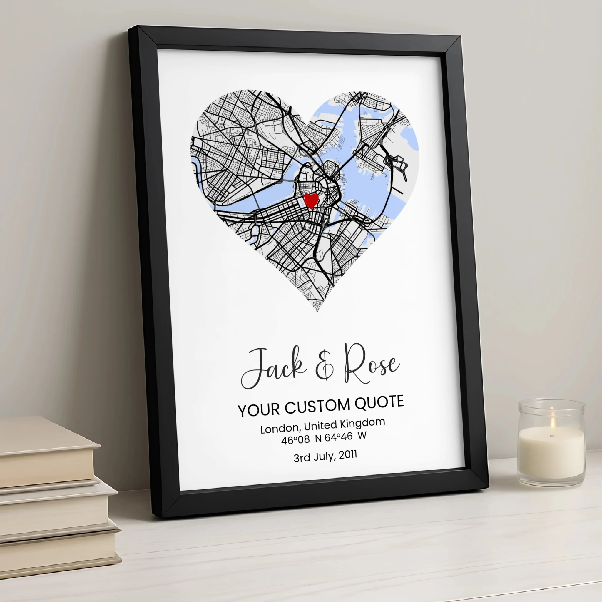 Framed heart map print showing a custom location in a heart shape