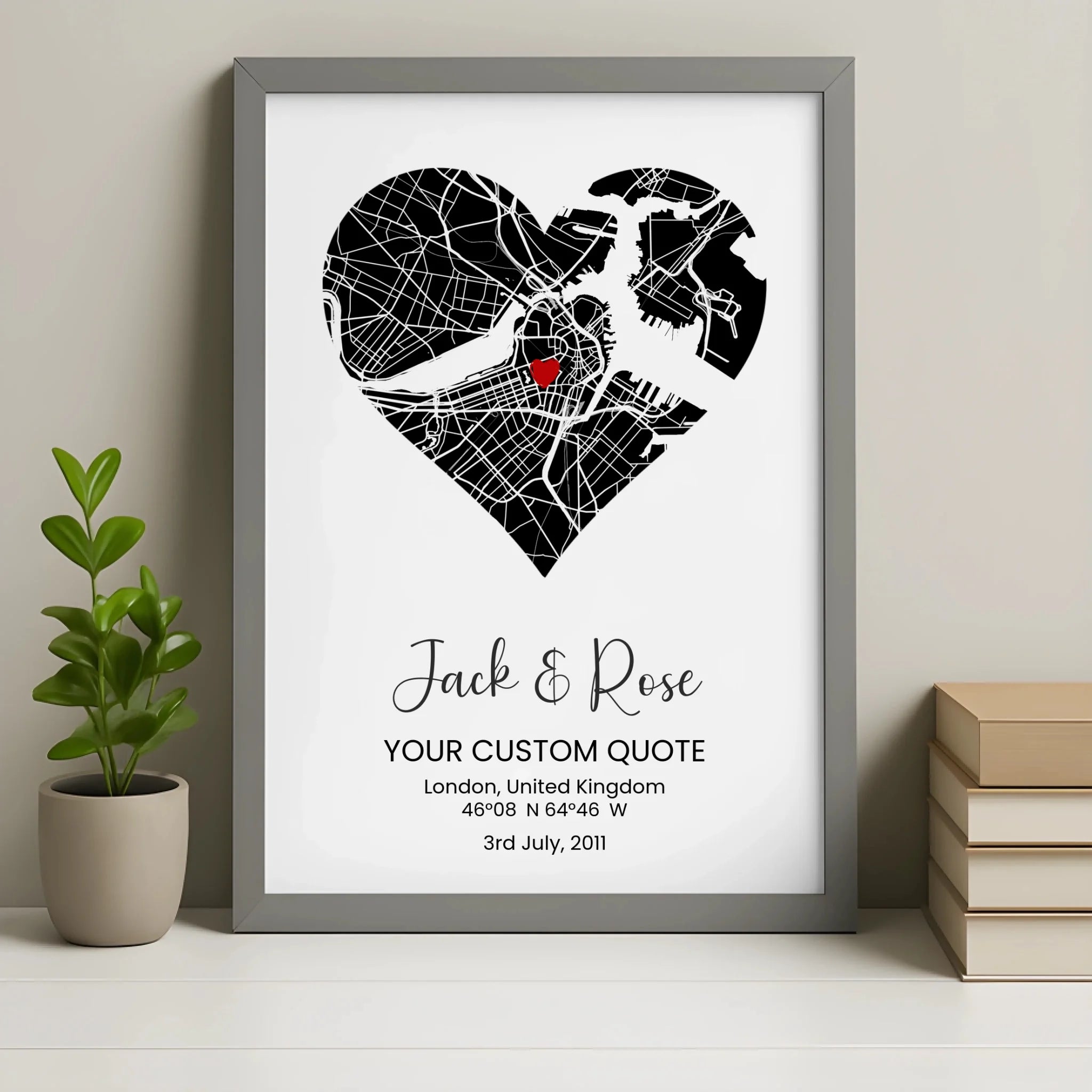 Grey photo frame option for the personalised heart map poster