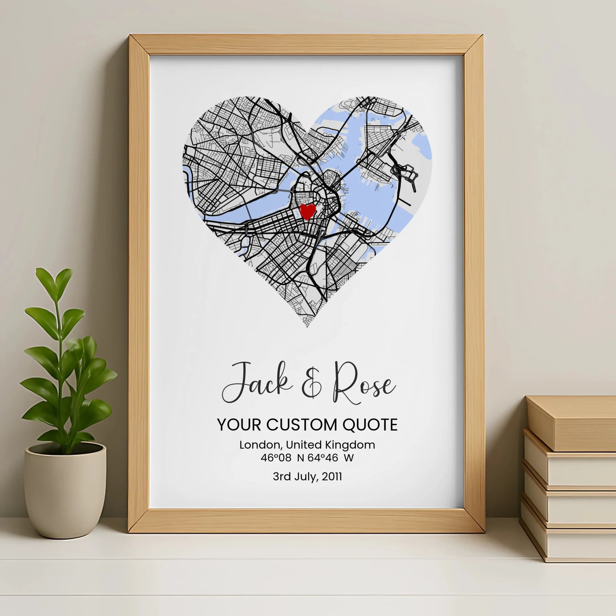 Custom heart map frame print in an oak frame