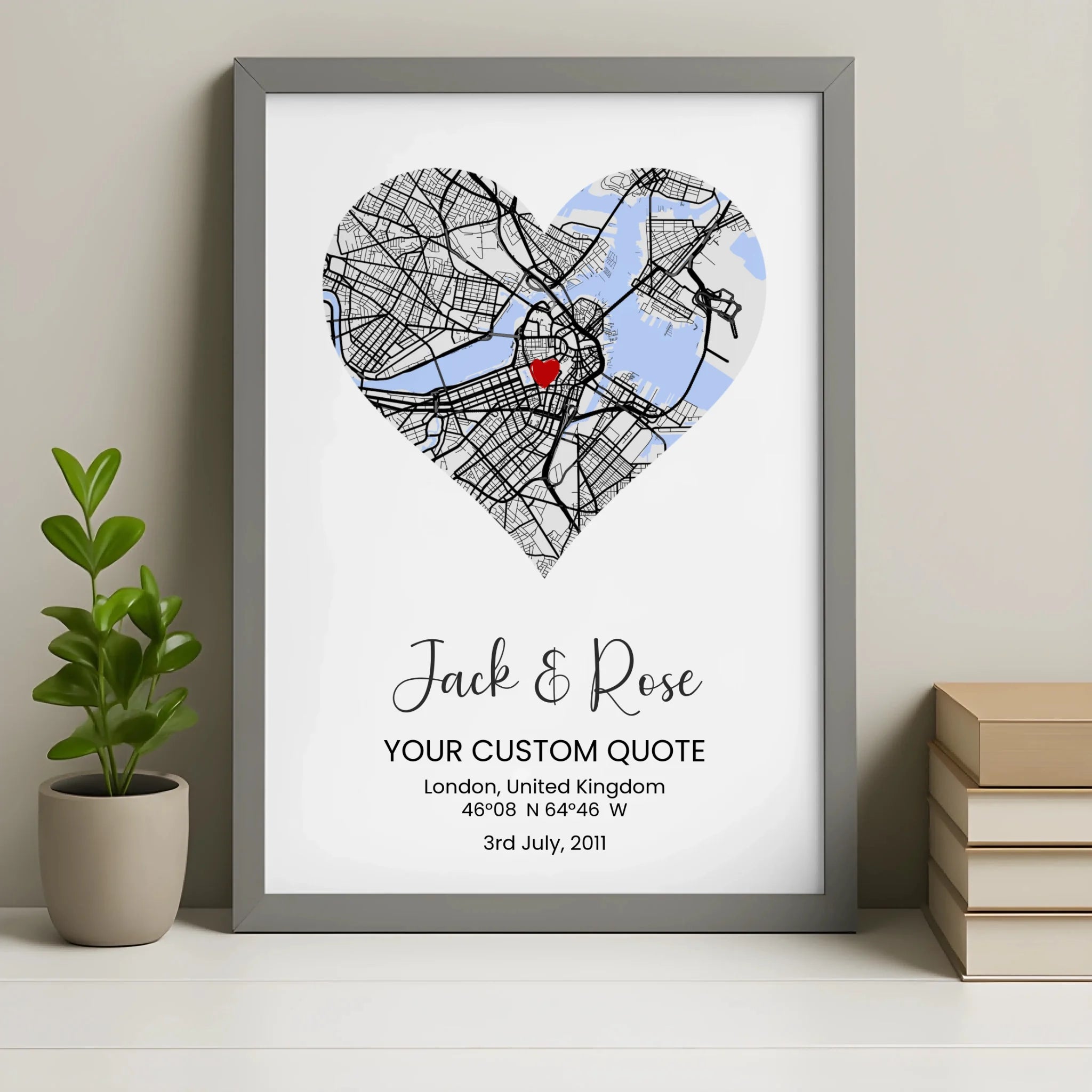 Custom heart map frame print in a grey frame