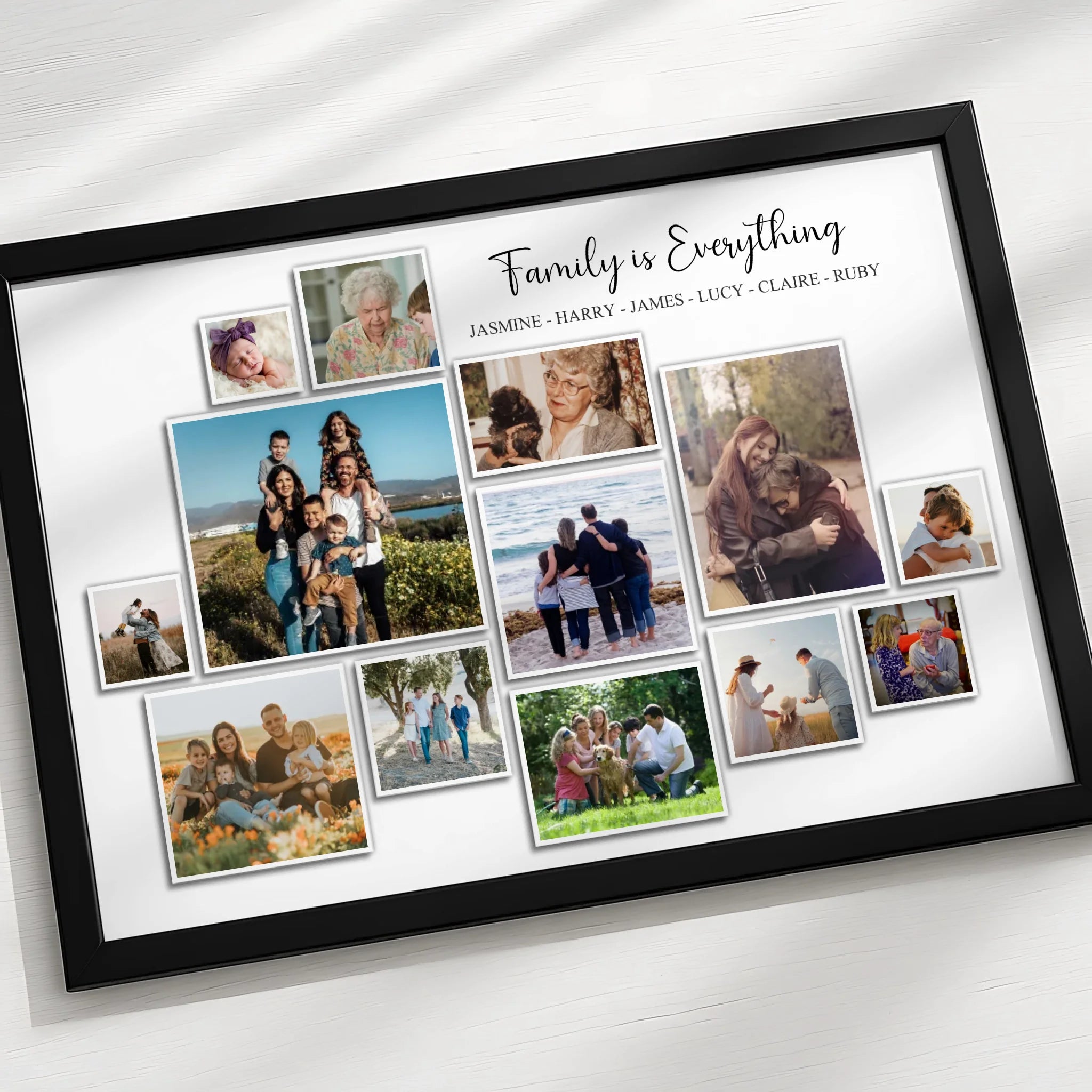 Custom photo frame gift showing seven pictures arranged in a family collage wall print
