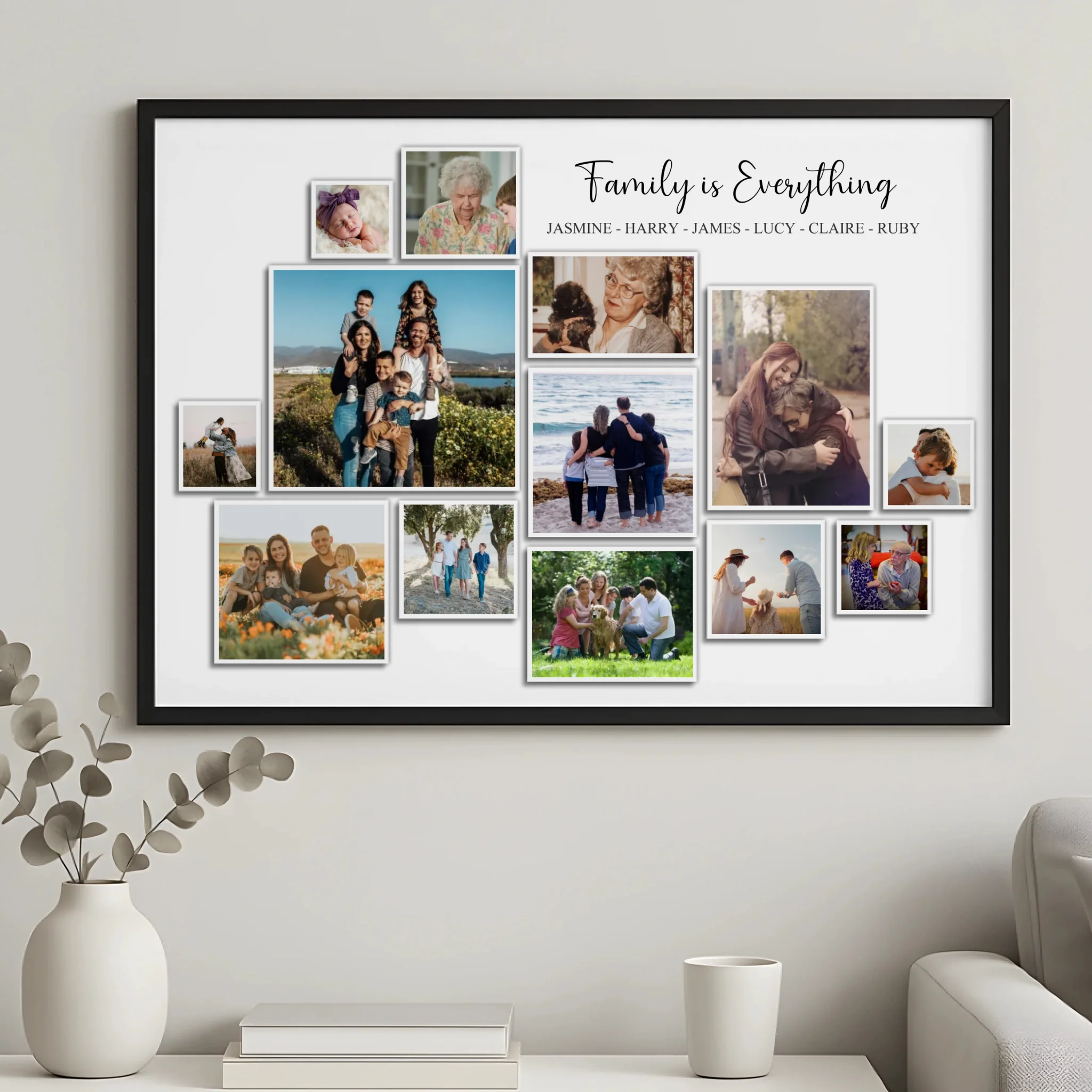 Personalised family photo frame with eight photo slots shown as a wall display