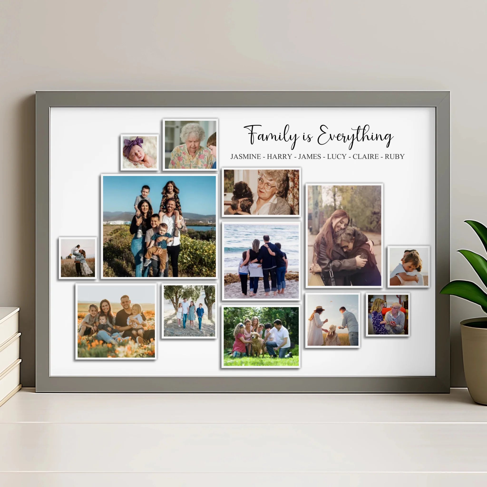 Personalised photo frame in grey finish with multiple family photo slots