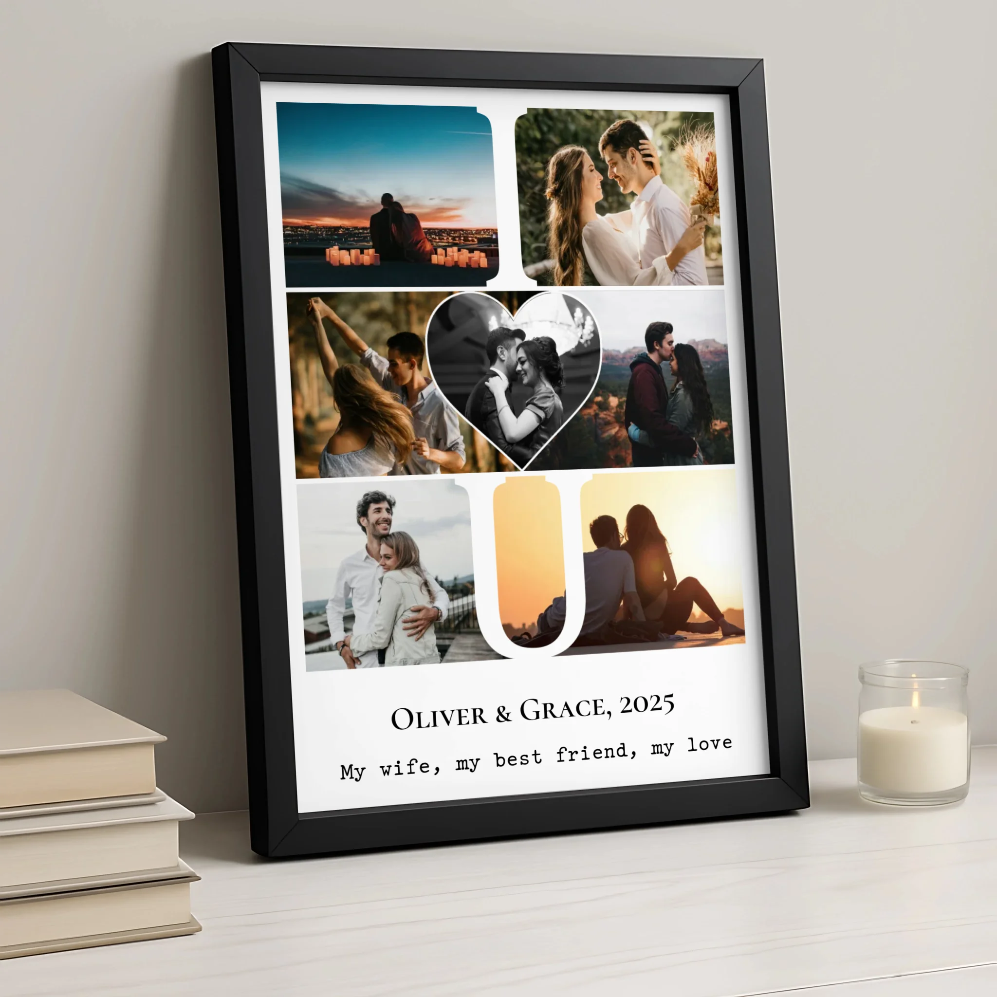 Personalised photo collage print with heart centre layout displaying seven personal photos