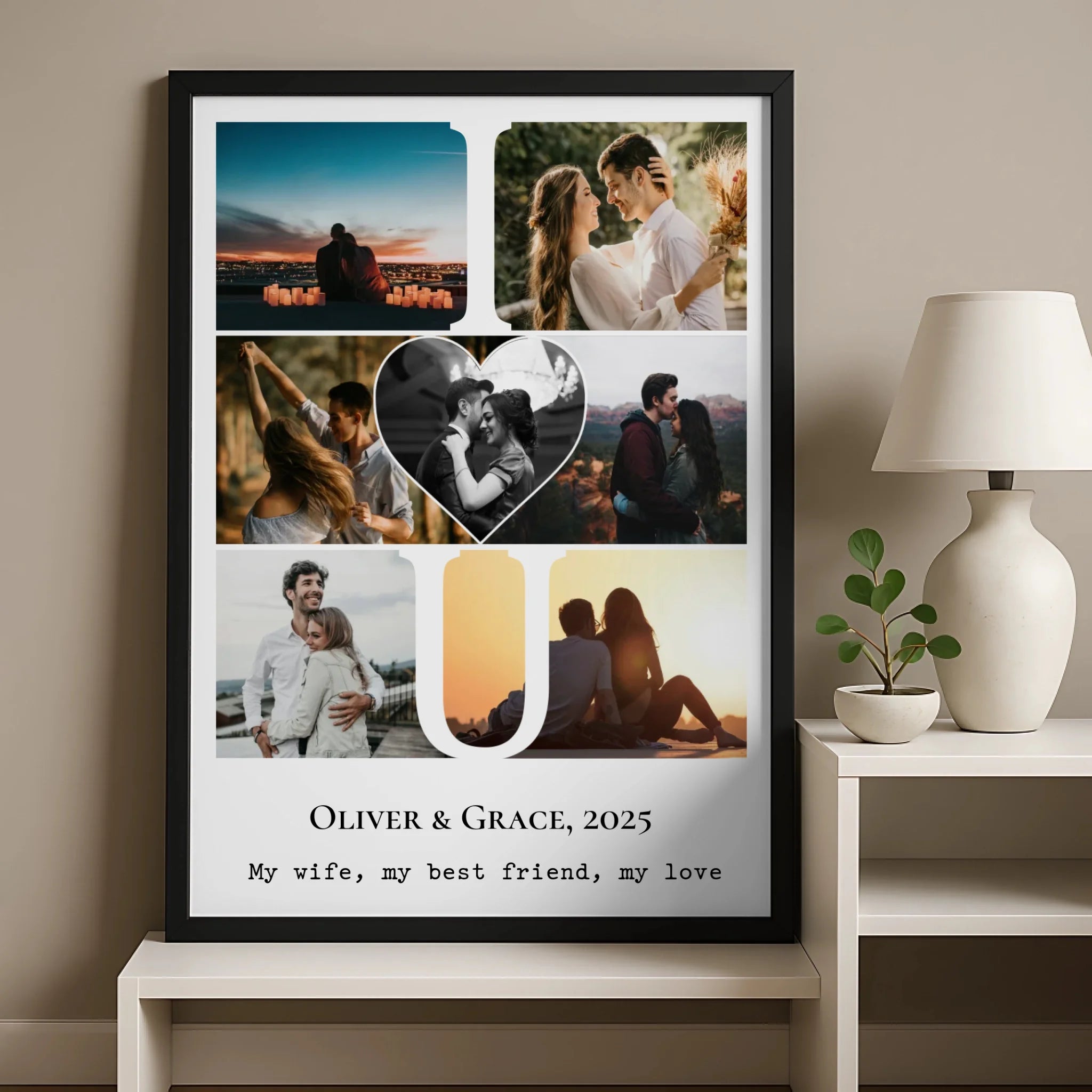 Custom photo collage print in A3 size with I Love You heart design and seven photos
