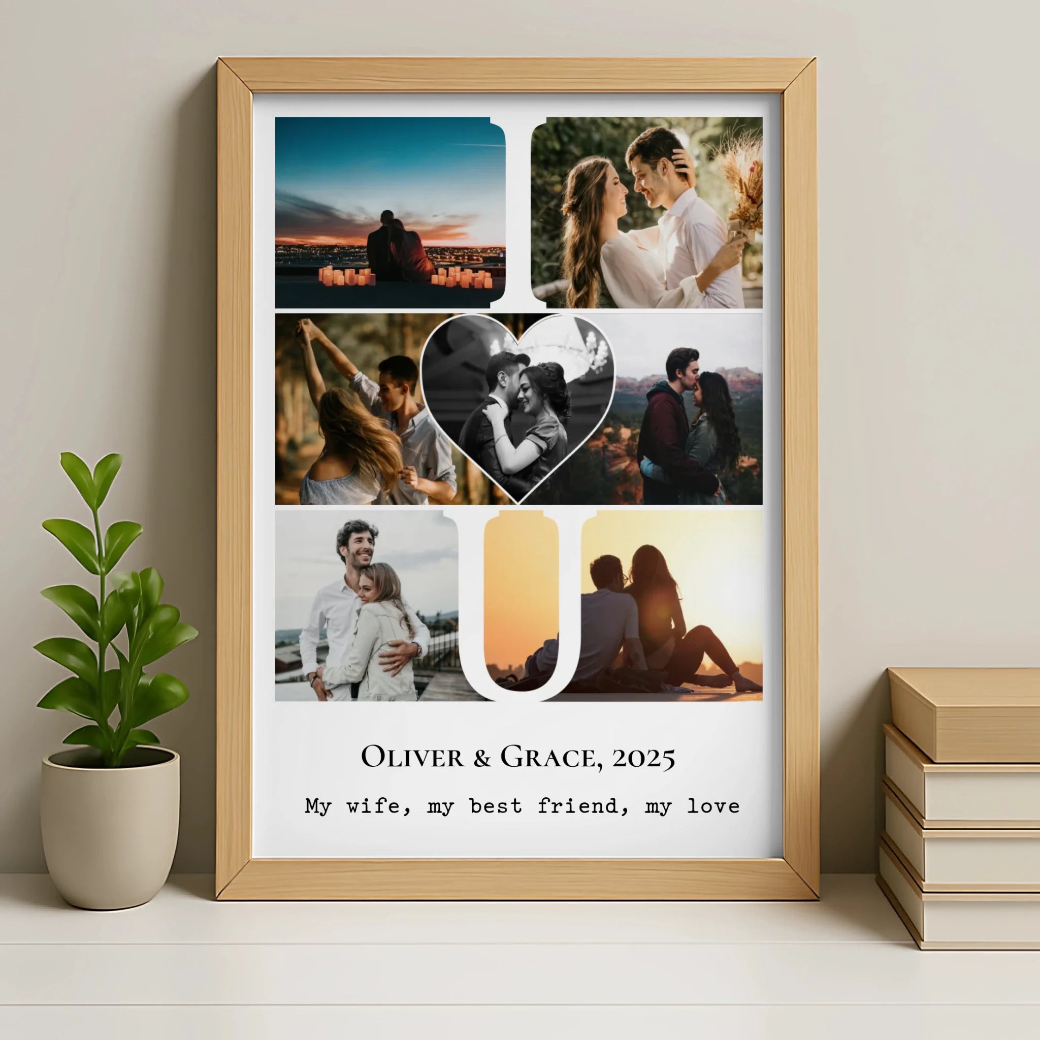 Personalised photo collage print displayed in an oak frame on a light background