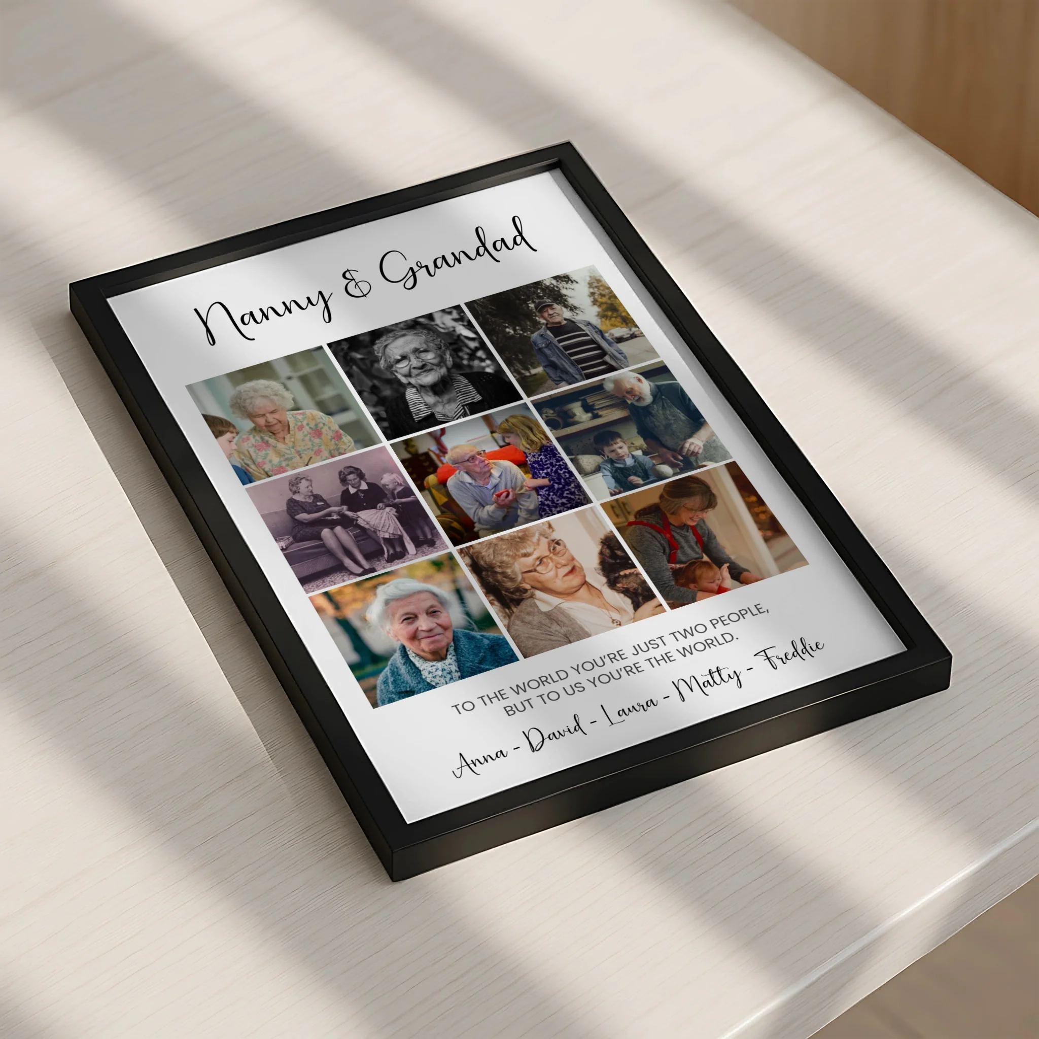 Personalised grandparent collage frame showing six photos on a wall