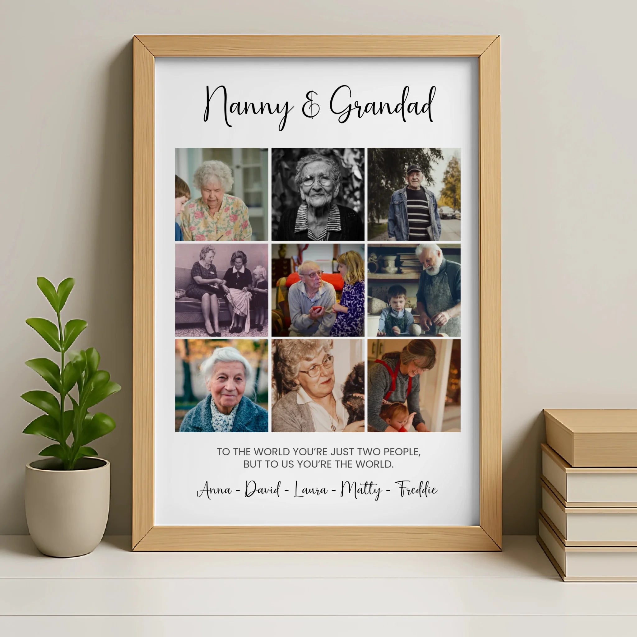 Oak frame personalised grandparent collage print displayed on a wall