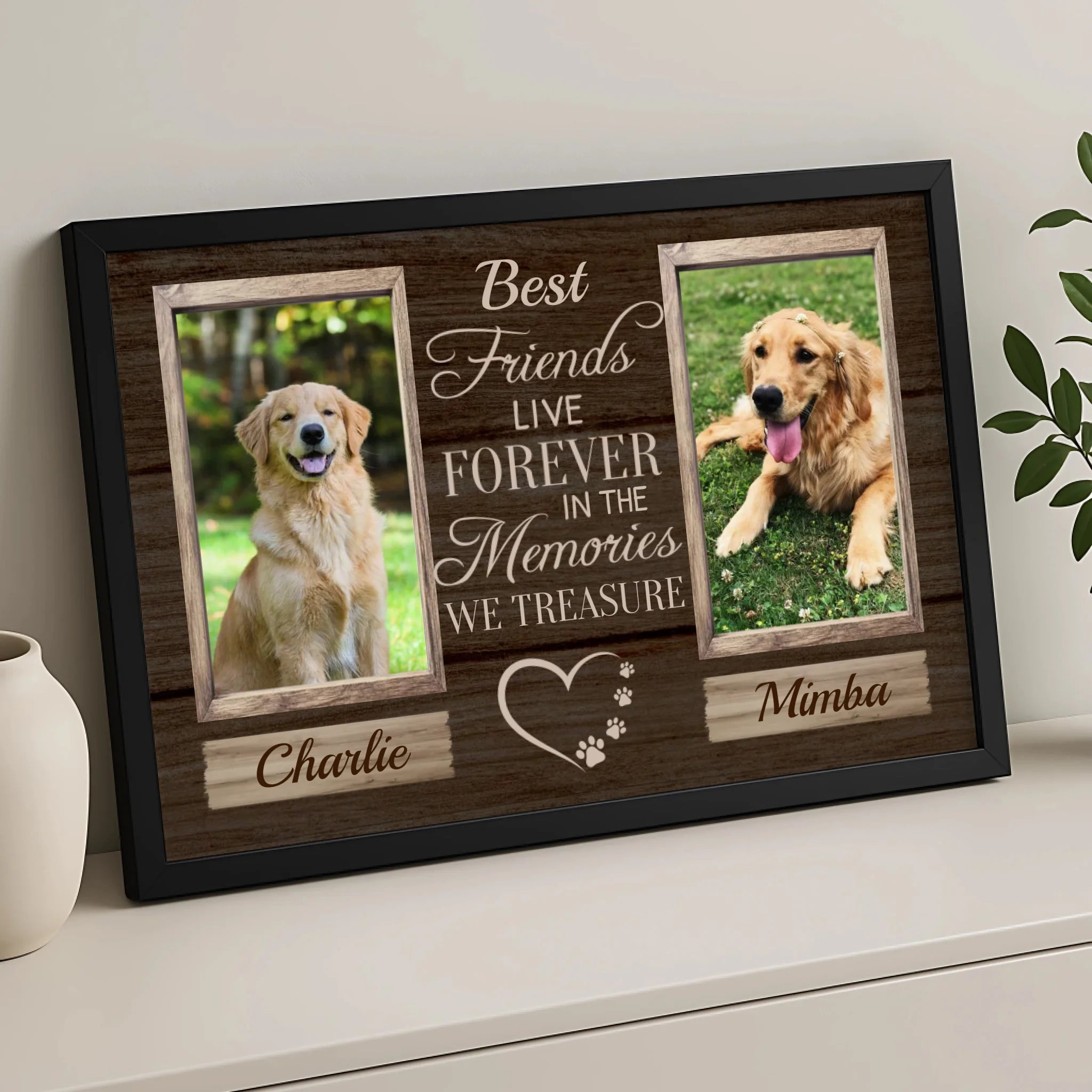 Custom two-pet memorial photo frame showing personalised text layout