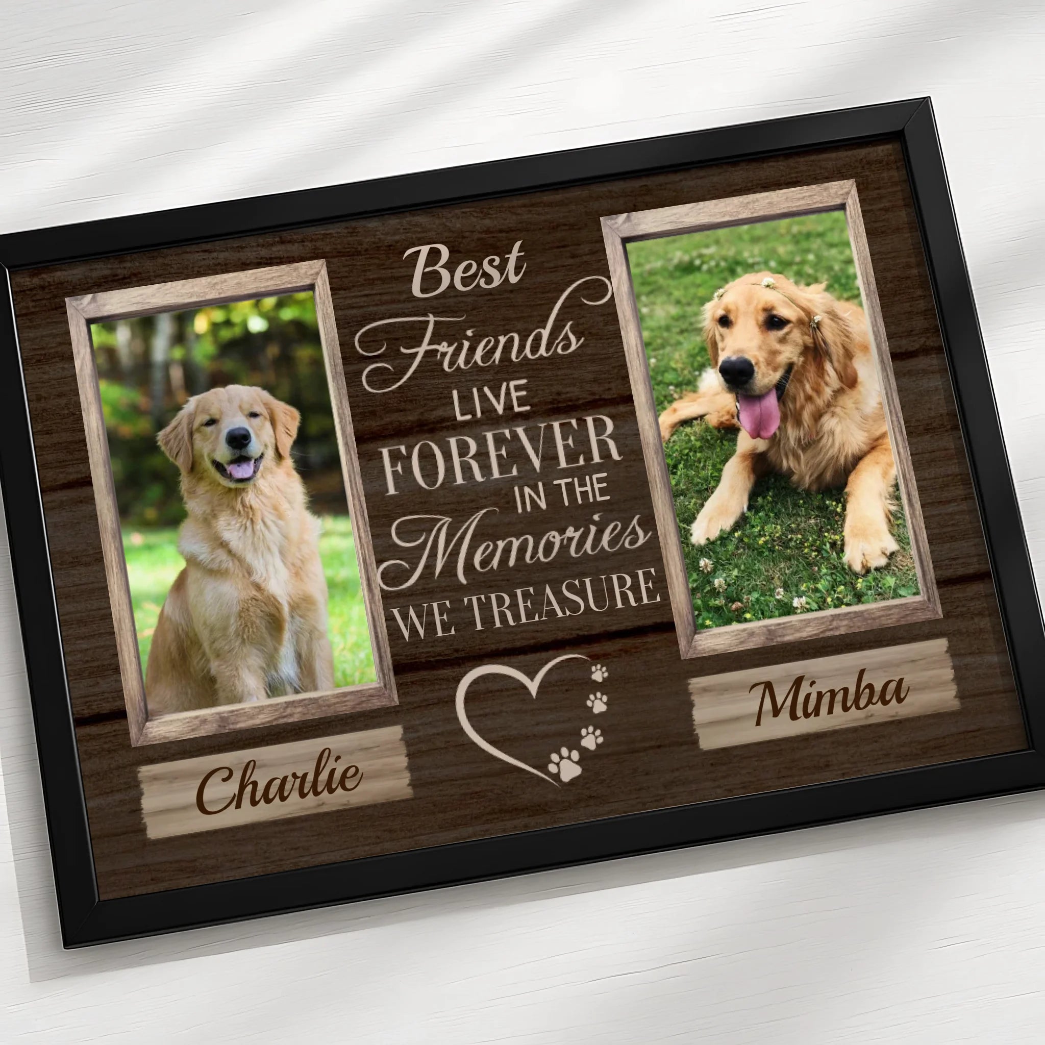 Dual pet photo memorial frame with personalised name and date details