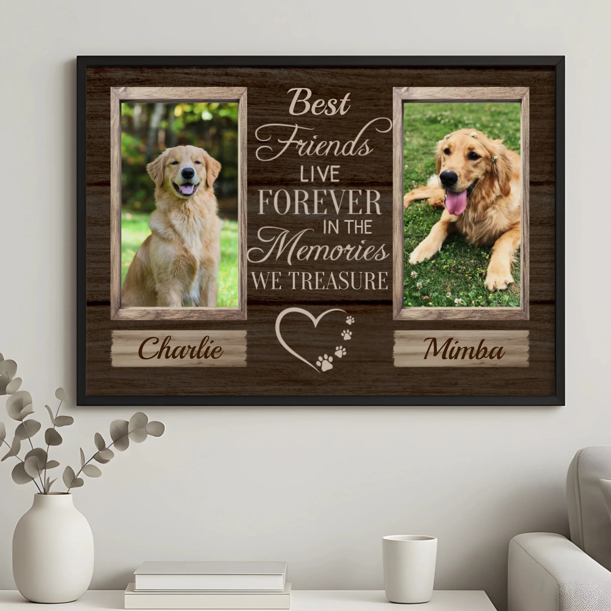 Personalised dog remembrance frame for two pets displayed on a shelf