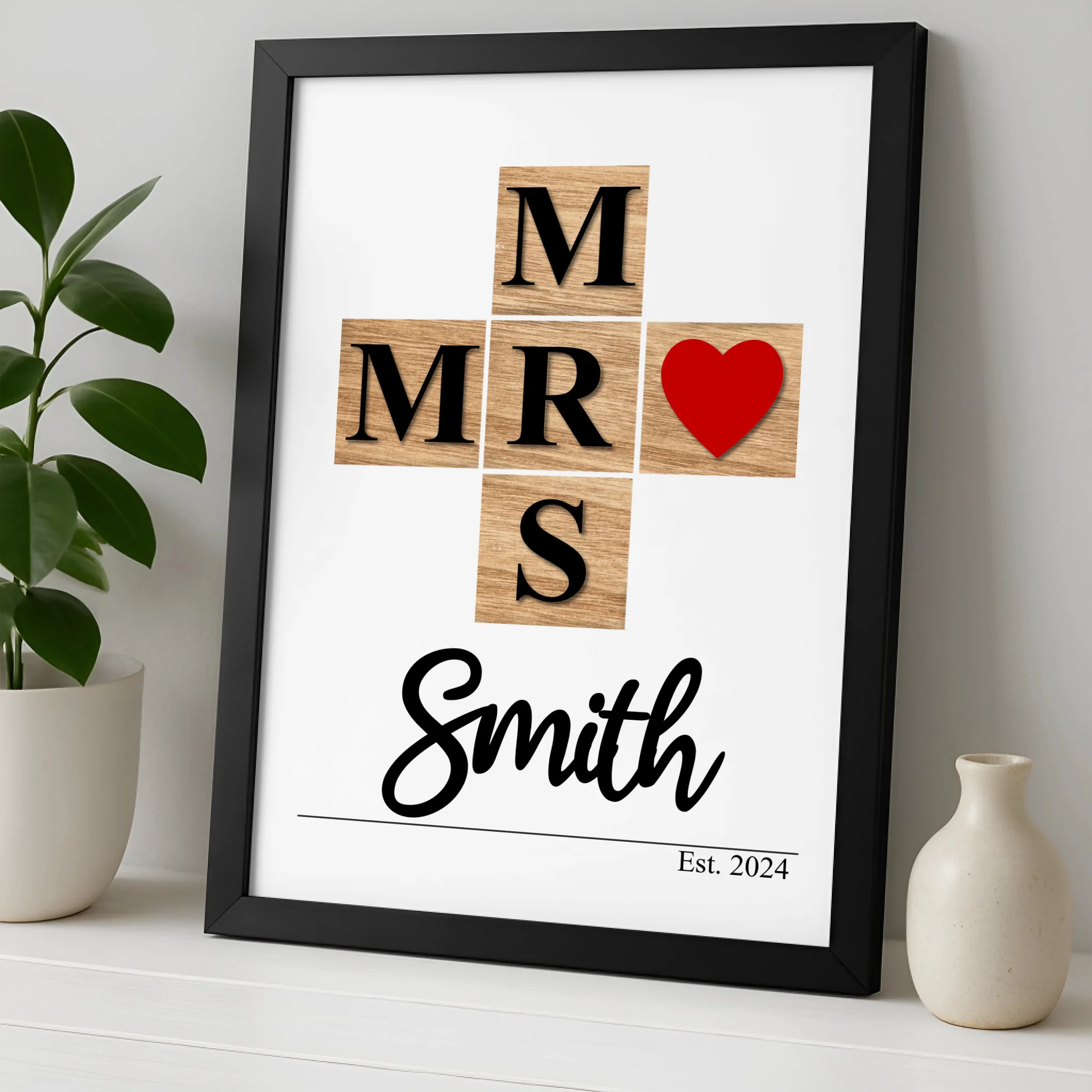 Personalised Mr & Mrs Name Print | Crossword-Style Wall Art | Custom Wedding or Newlywed Gift