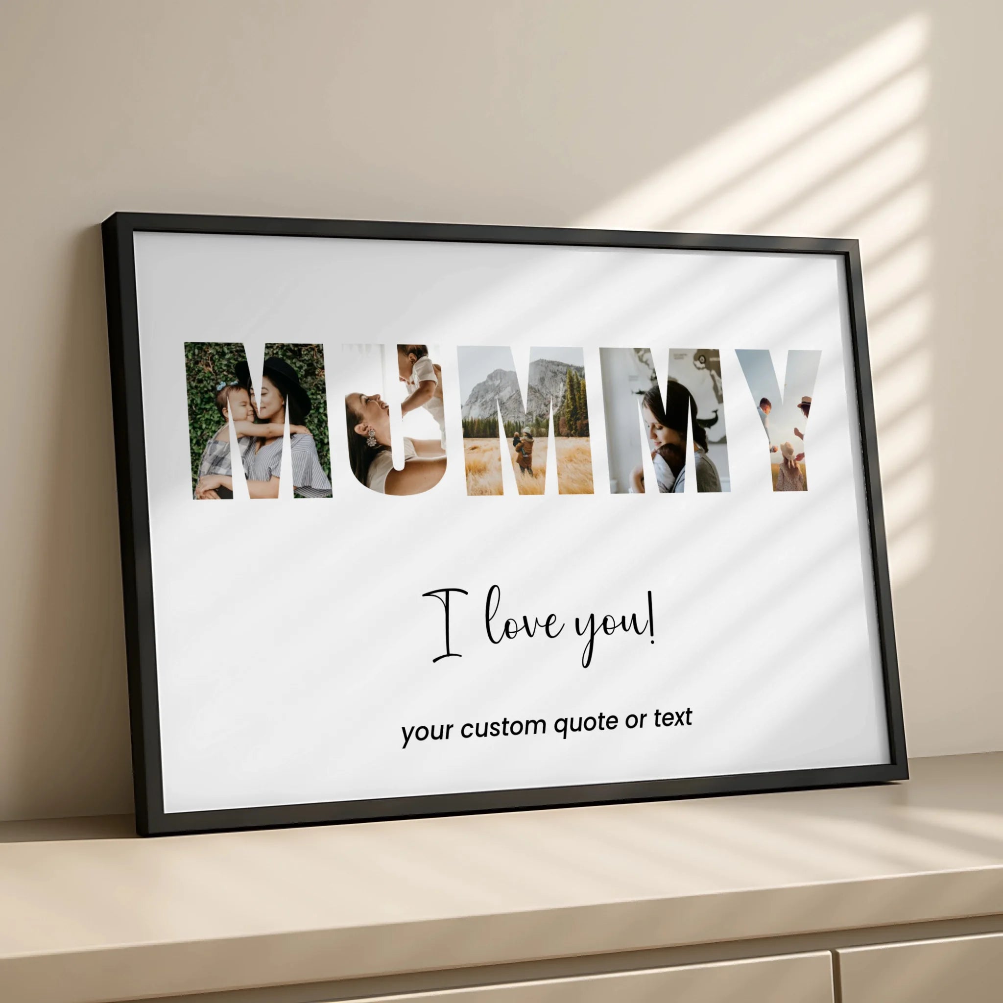 Personalised Mummy photo collage print displayed on a wall with six photos