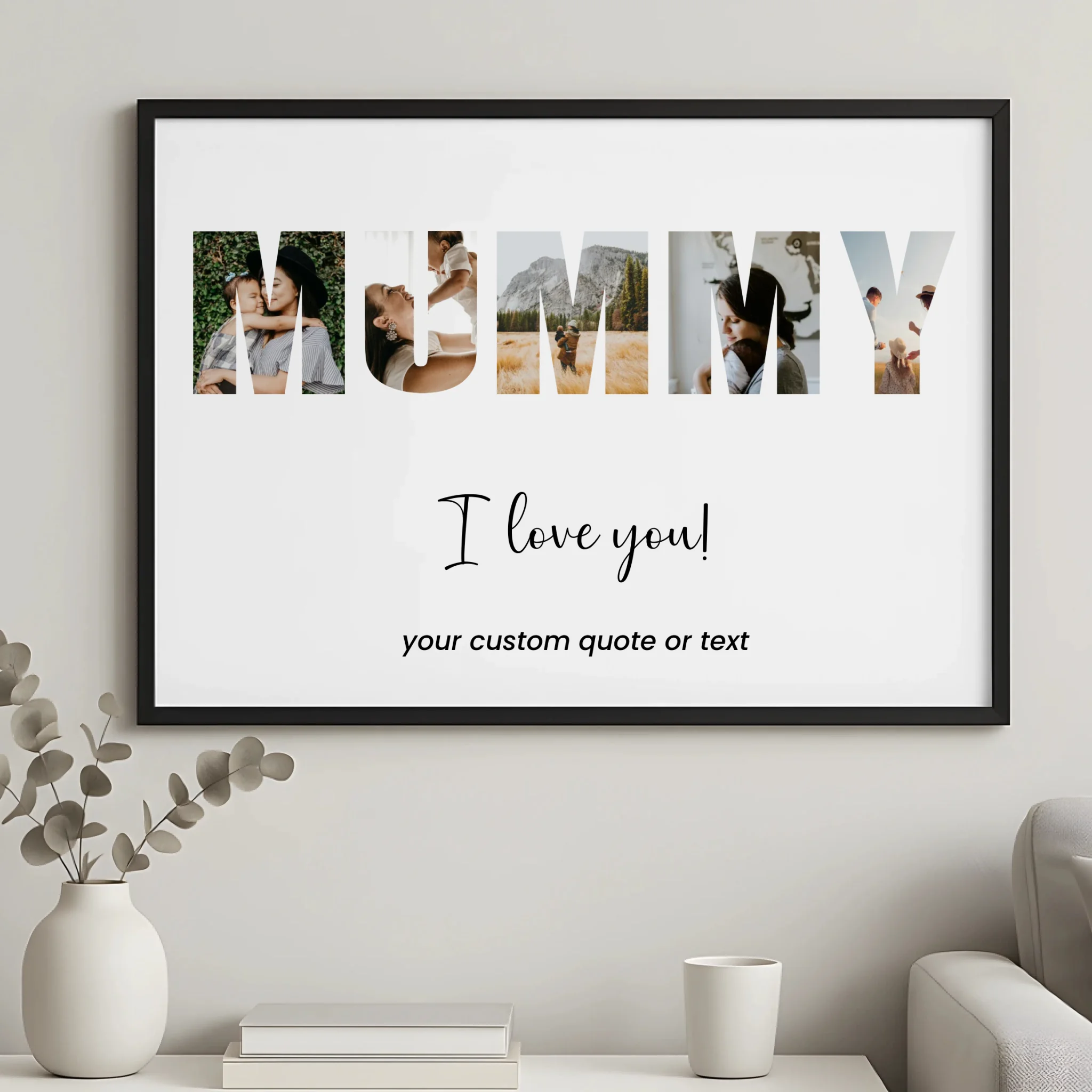 Custom photo frame gift for mum with eight photos arranged in a collage
