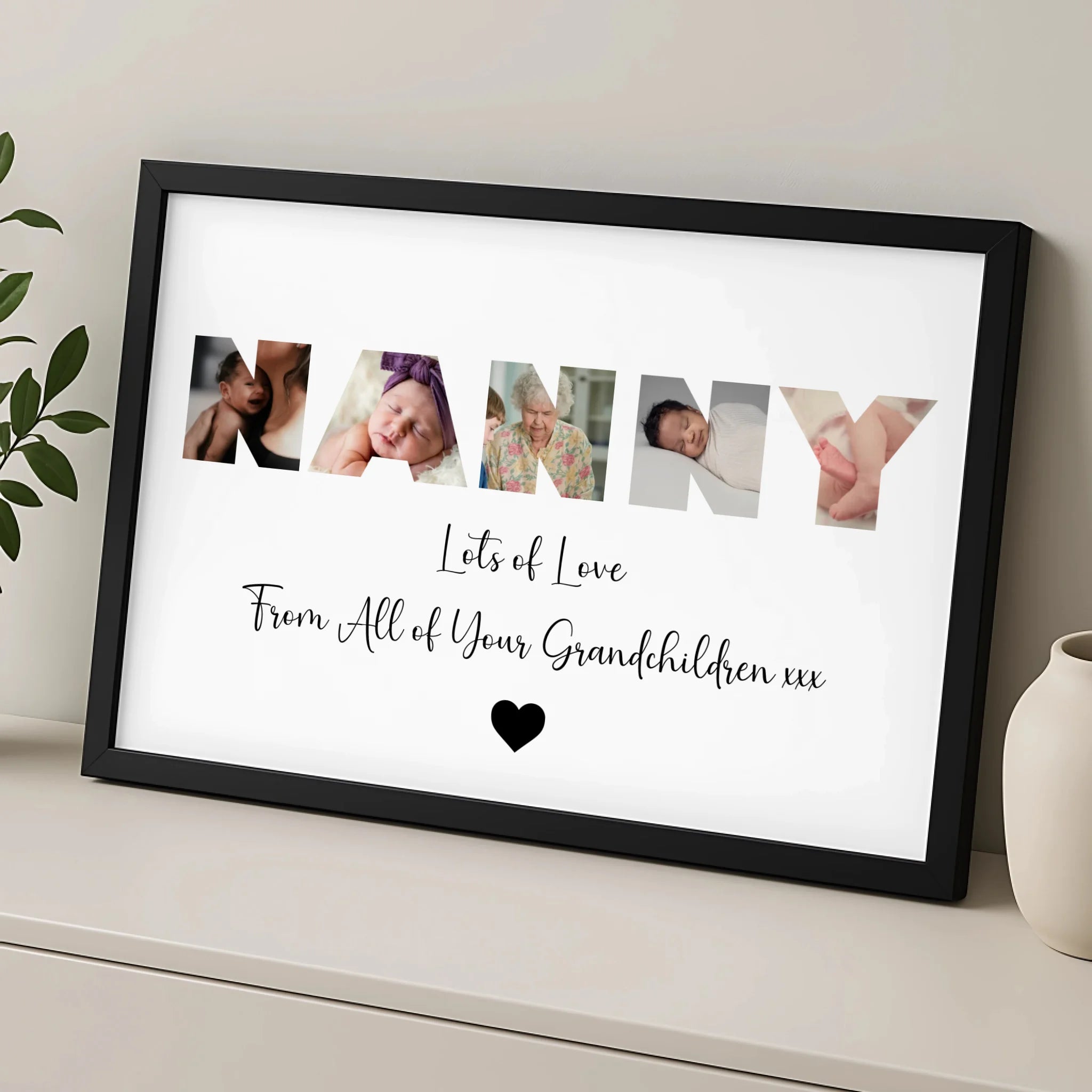 Close-up of personalised Nanny photo frame with custom printed image