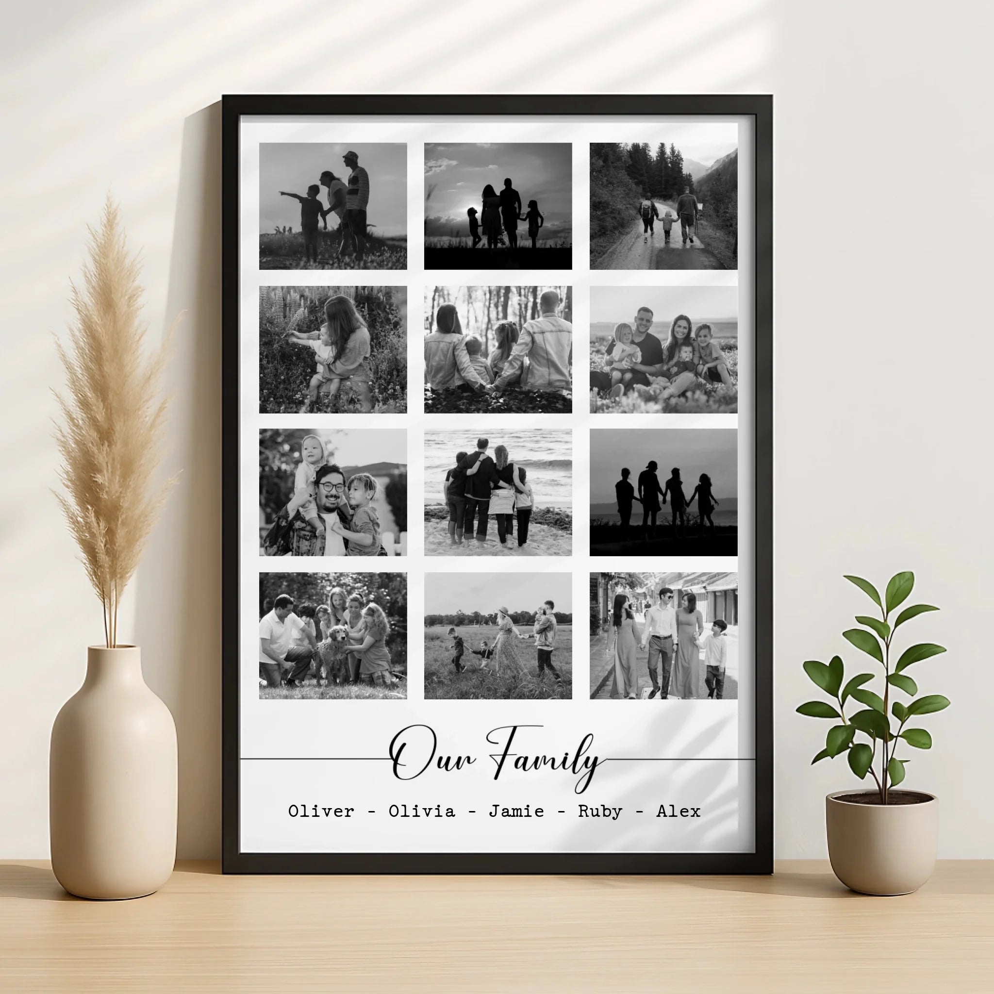 Close-up of a custom family picture frame showing photo layout