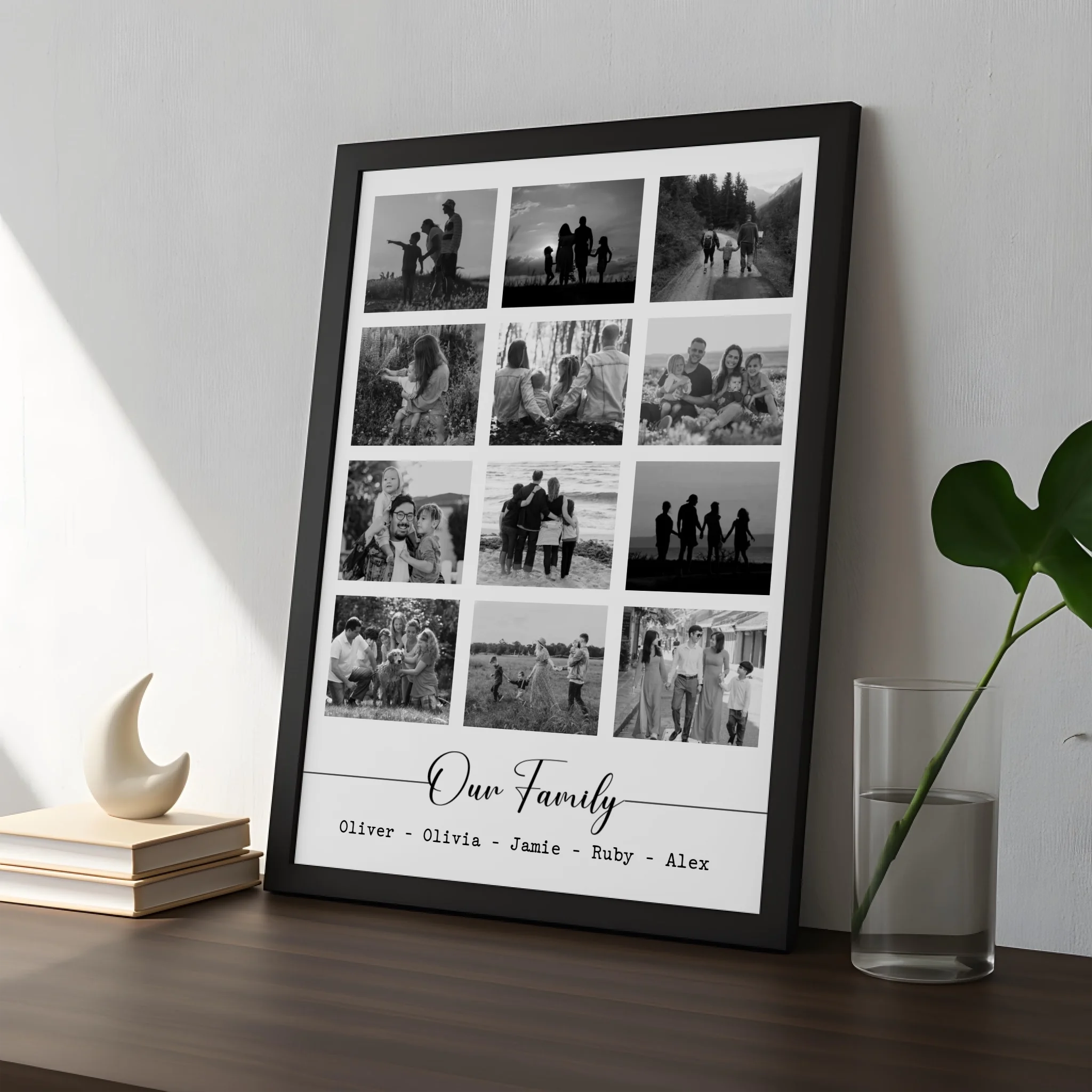 Personalised family picture frame in black finish on a shelf